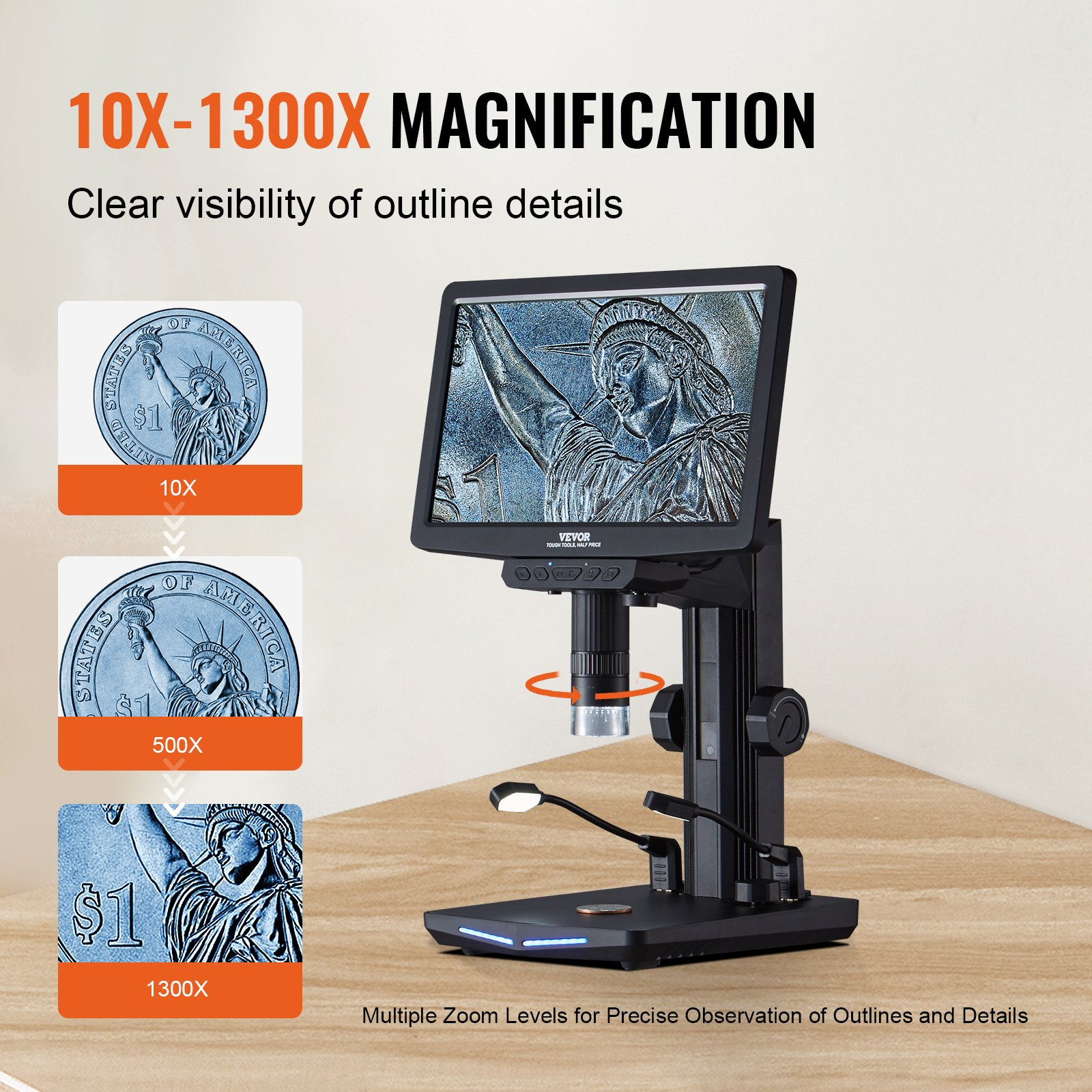 10.1" LCD Digital Microscope for Adults - 1300X Magnification, IPS Screen, 8 LED