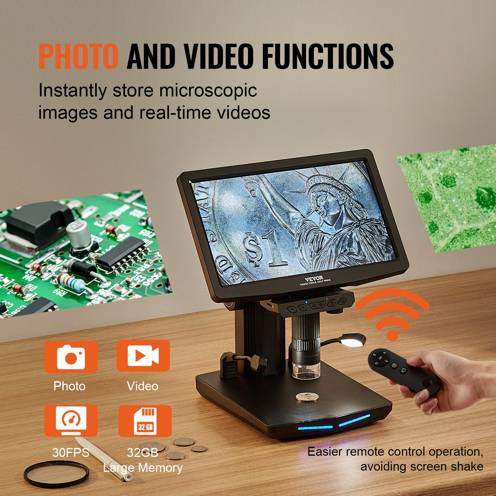 10.1" LCD Digital Microscope for Adults - 1300X Magnification, IPS Screen, 8 LED