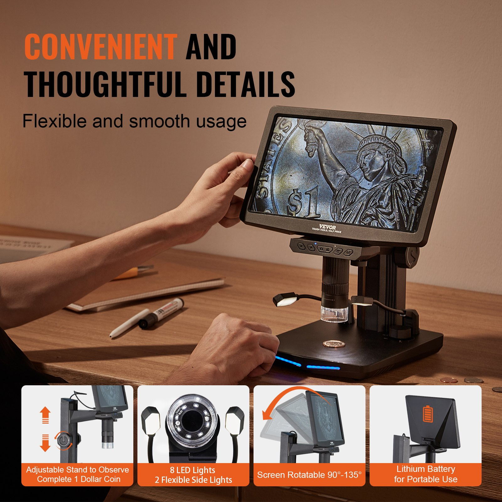 10.1" LCD Digital Microscope for Adults - 1300X Magnification, IPS Screen, 8 LED