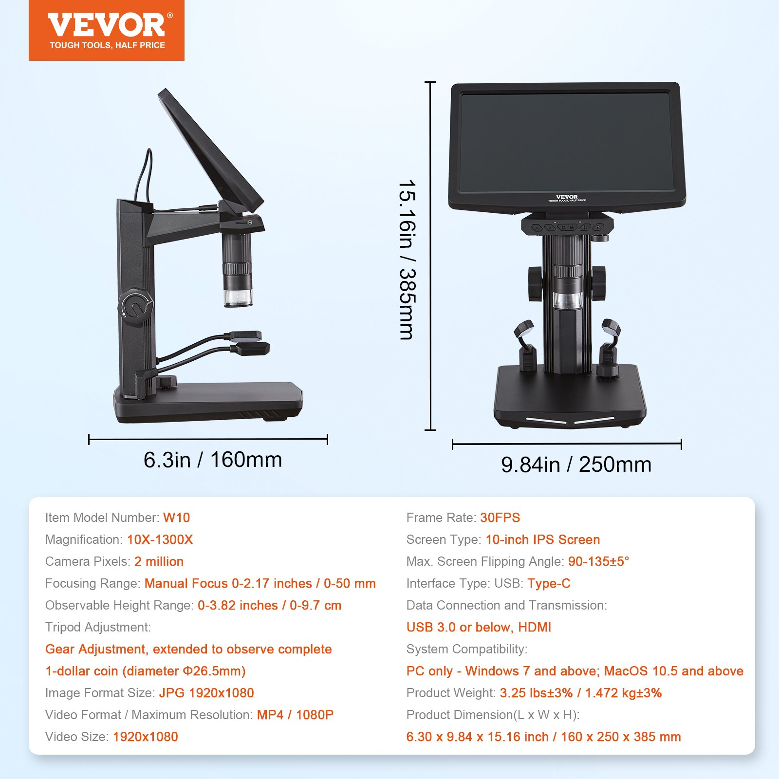 10.1" LCD Digital Microscope for Adults - 1300X Magnification, IPS Screen, 8 LED