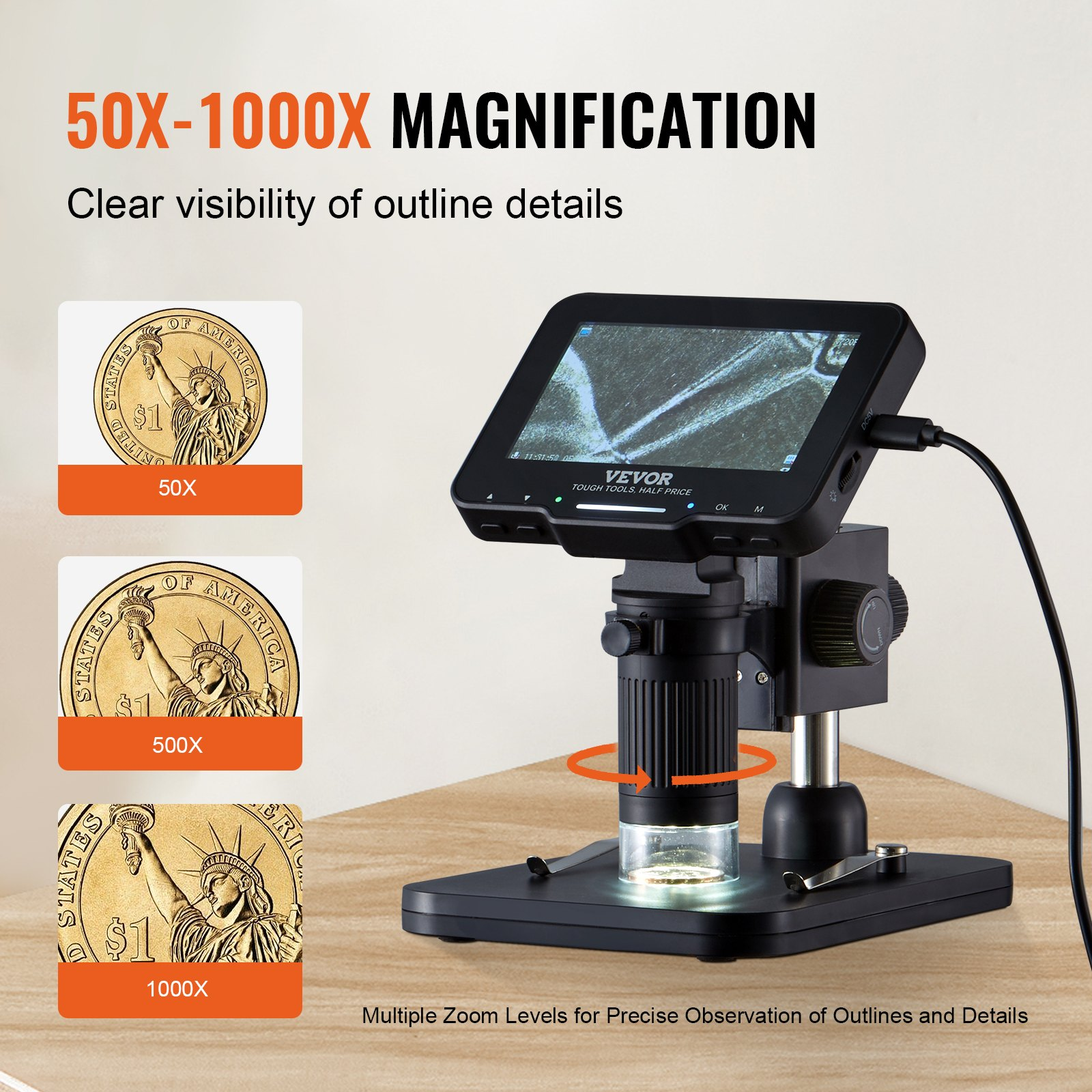 Digital Microscope with 4.3” IPS Screen - 50X-1000X Magnification, 1080P Photo/V