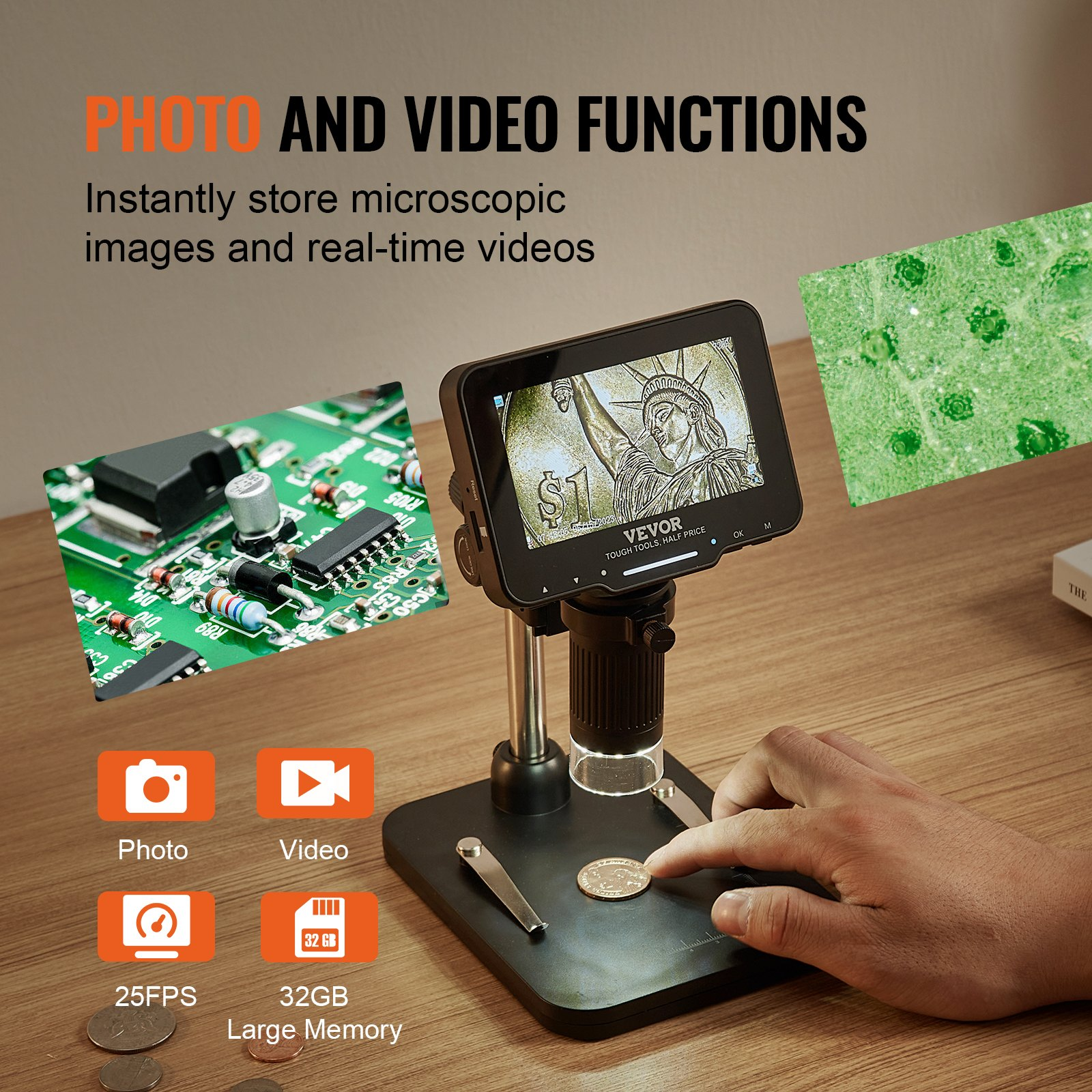 Digital Microscope with 4.3” IPS Screen - 50X-1000X Magnification, 1080P Photo/V