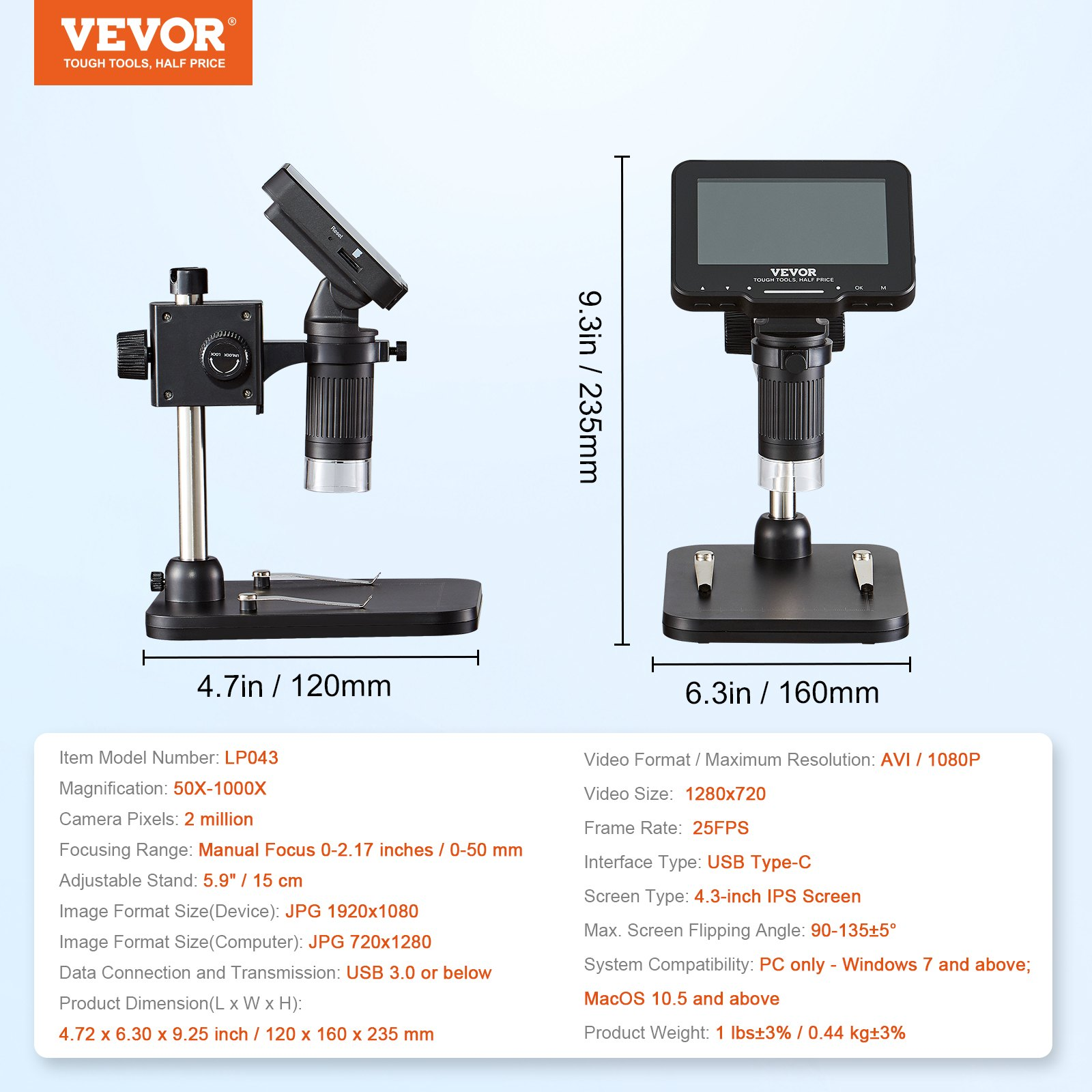 Digital Microscope with 4.3” IPS Screen - 50X-1000X Magnification, 1080P Photo/V