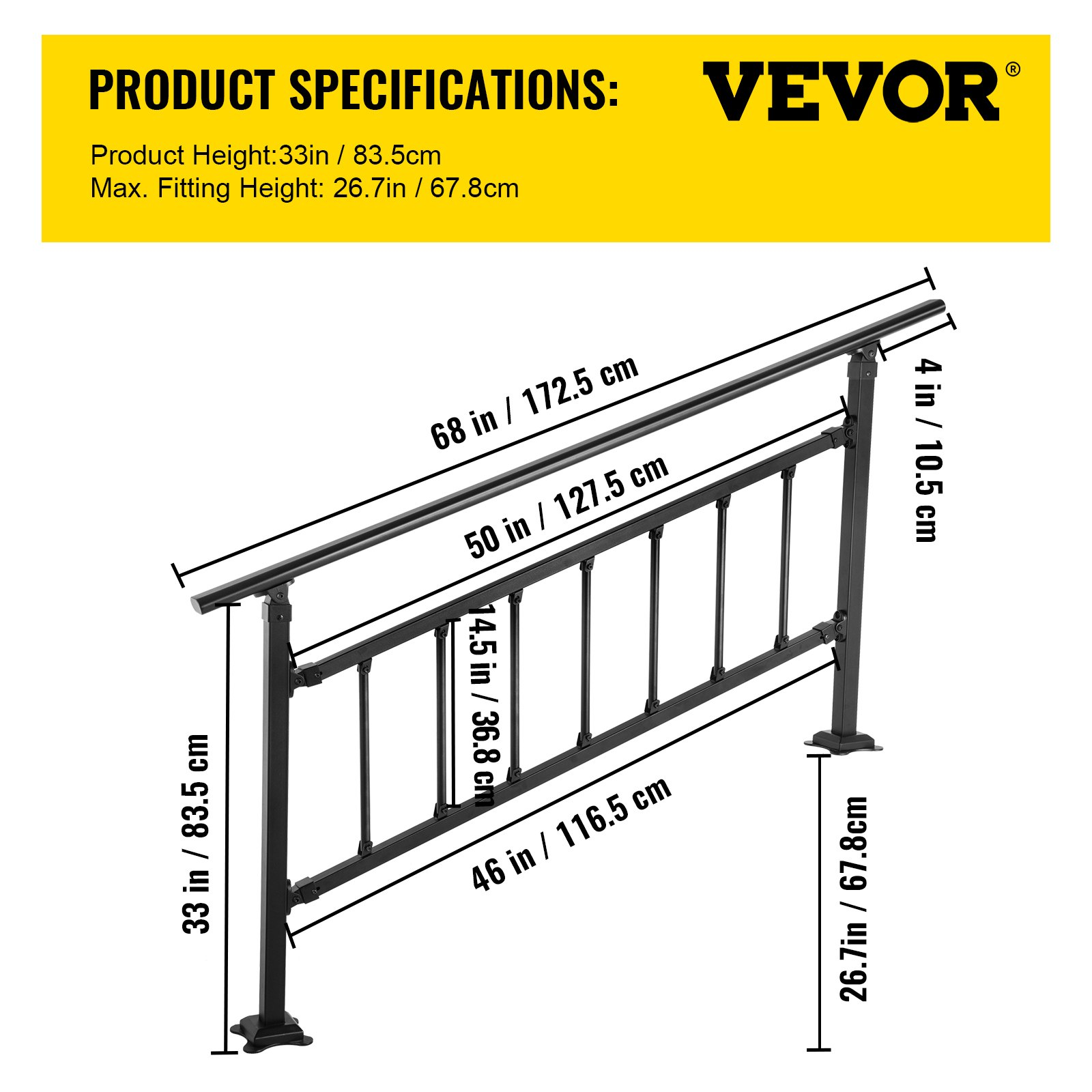 Outdoor Stair Railing 1-5 Steps Matte Black Wrought Iron Handrail w/ Fence & Kit - Picture 7 of 12