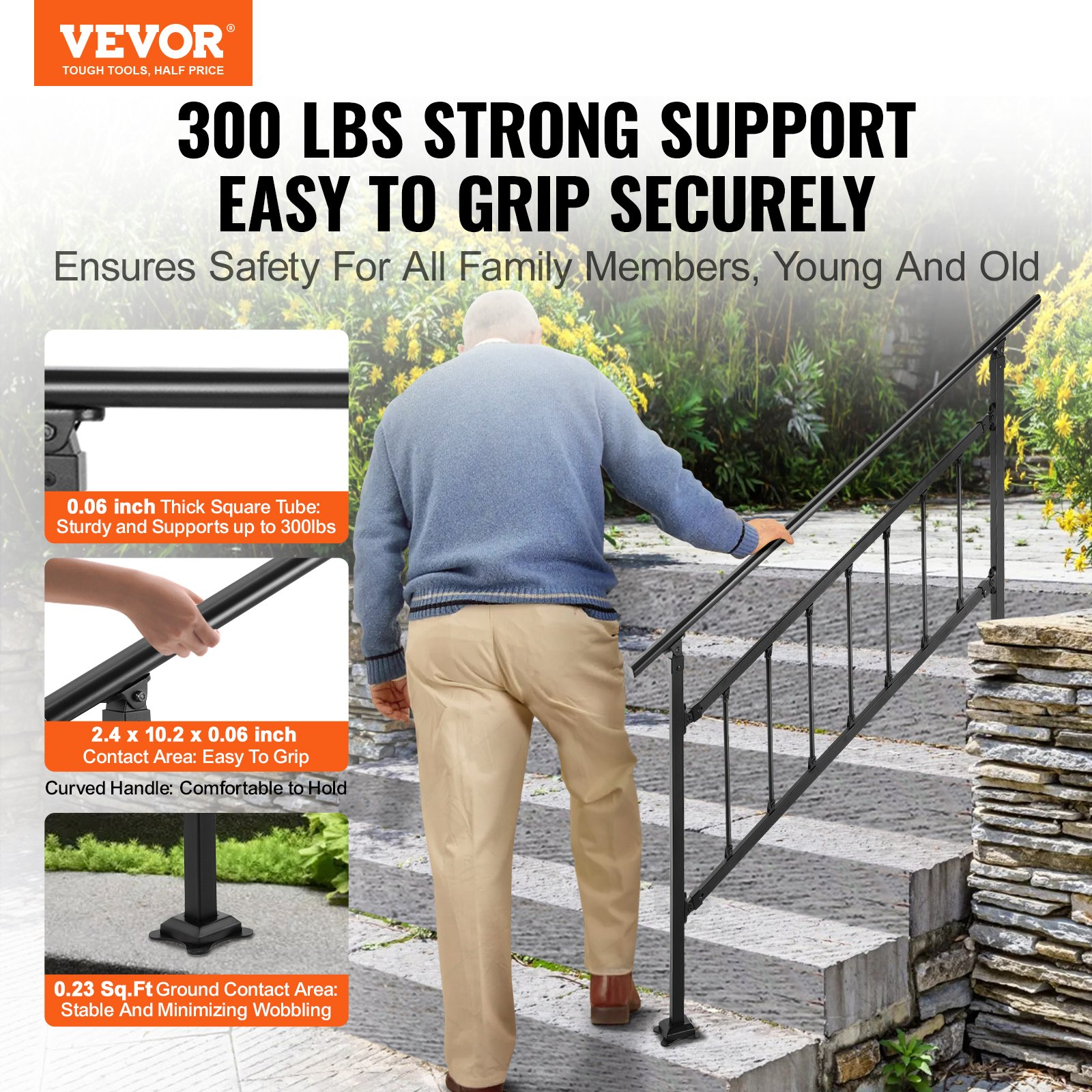 Outdoor Stair Railing 1-5 Steps Matte Black Wrought Iron Handrail w/ Fence & Kit
