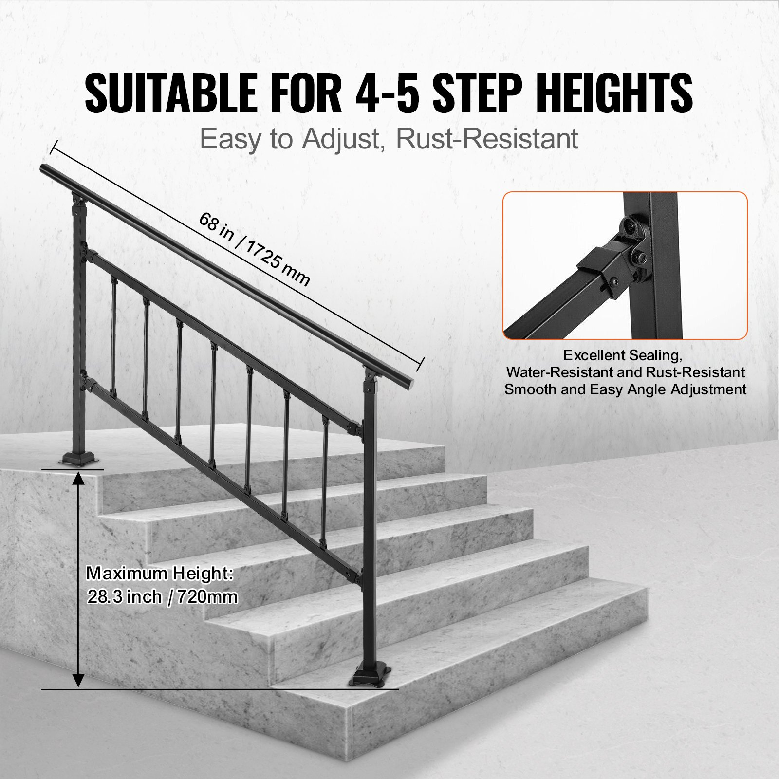 Outdoor Stair Railing 1-5 Steps Matte Black Wrought Iron Handrail w/ Fence & Kit - Picture 8 of 12