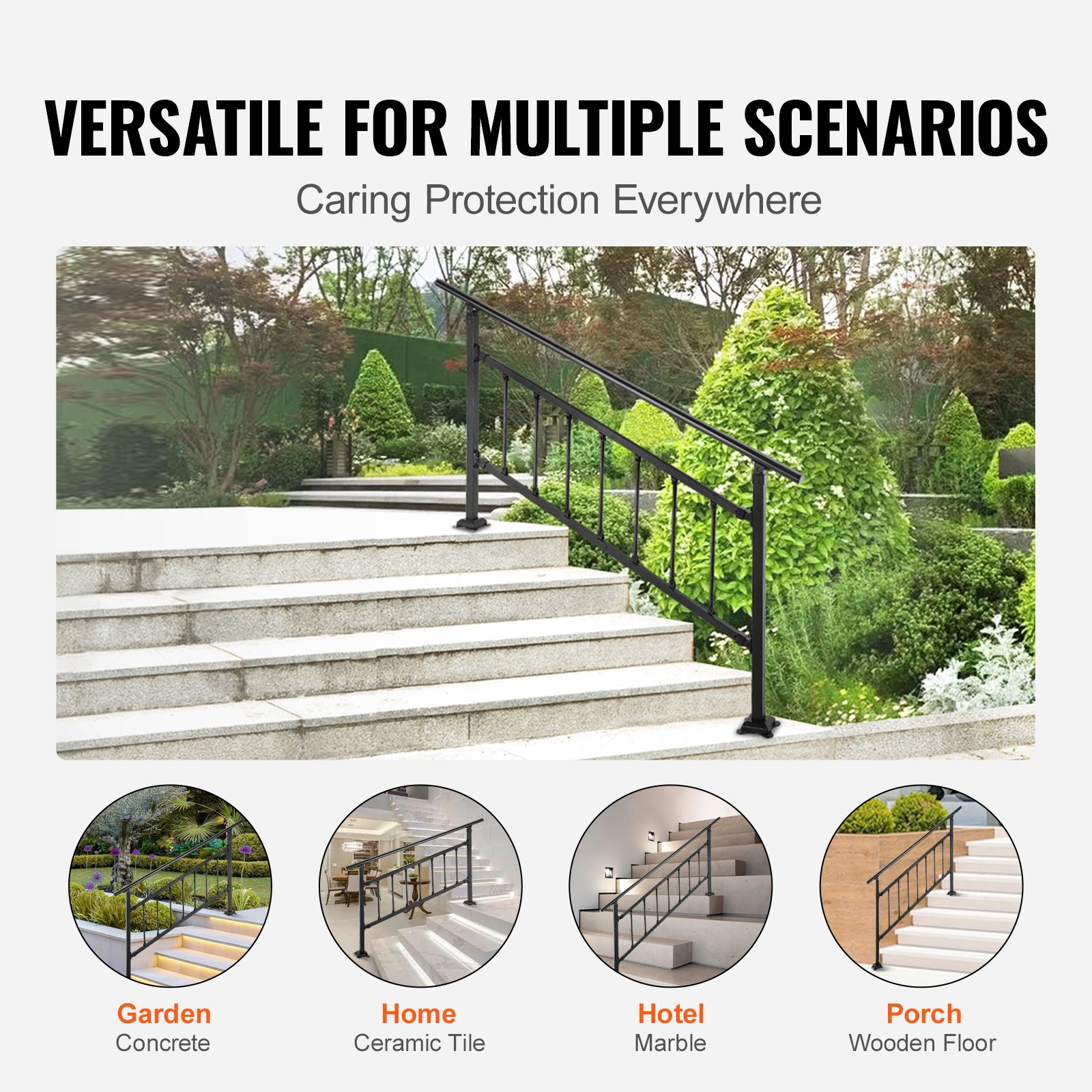 Outdoor Stair Railing 1-5 Steps Matte Black Wrought Iron Handrail w/ Fence & Kit - Picture 10 of 12