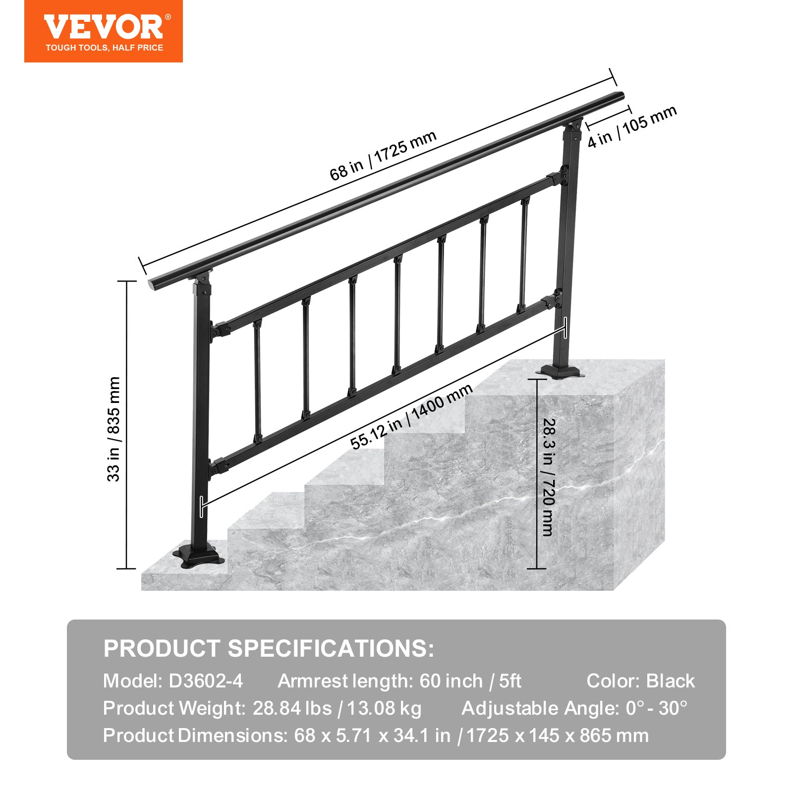Outdoor Stair Railing 1-5 Steps Matte Black Wrought Iron Handrail w/ Fence & Kit - Picture 12 of 12
