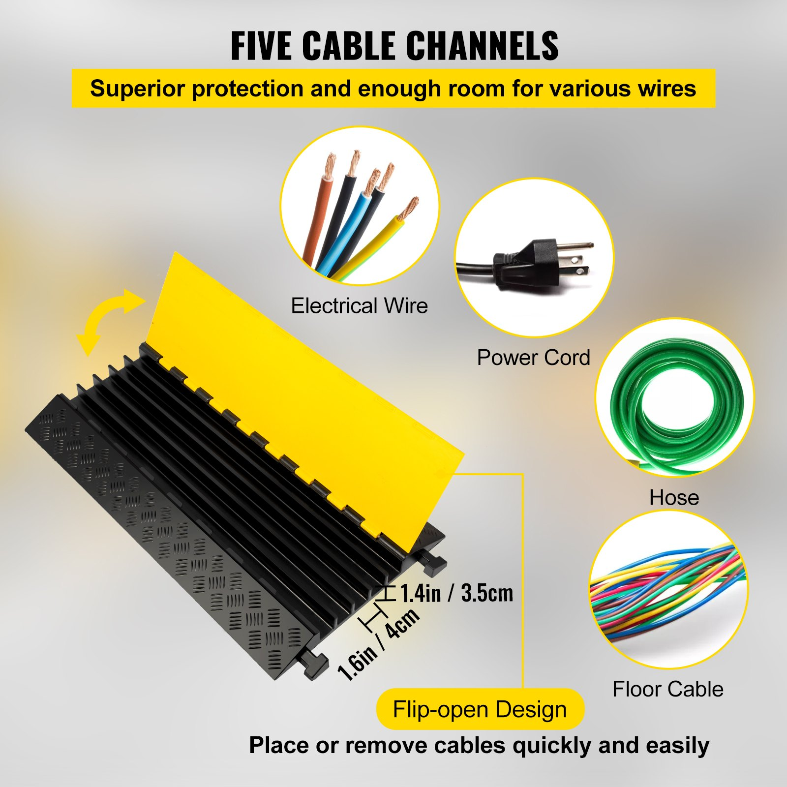 VEVOR 5 Channel Cable Protectors Extreme Rubber Cable Ramps Heavy Duty Protectiv