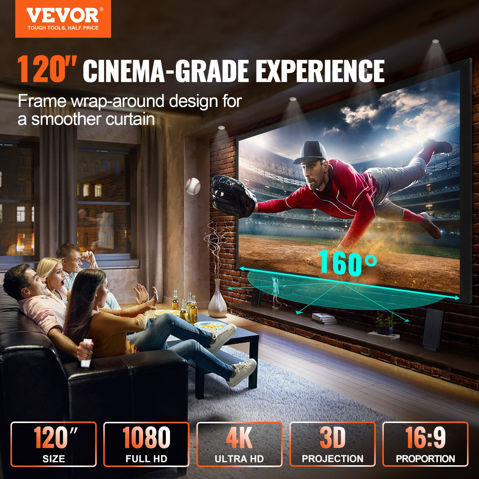 Projection Screen 120inch 16:9 Movie Screen Fixed Frame 3D Projector Screen for