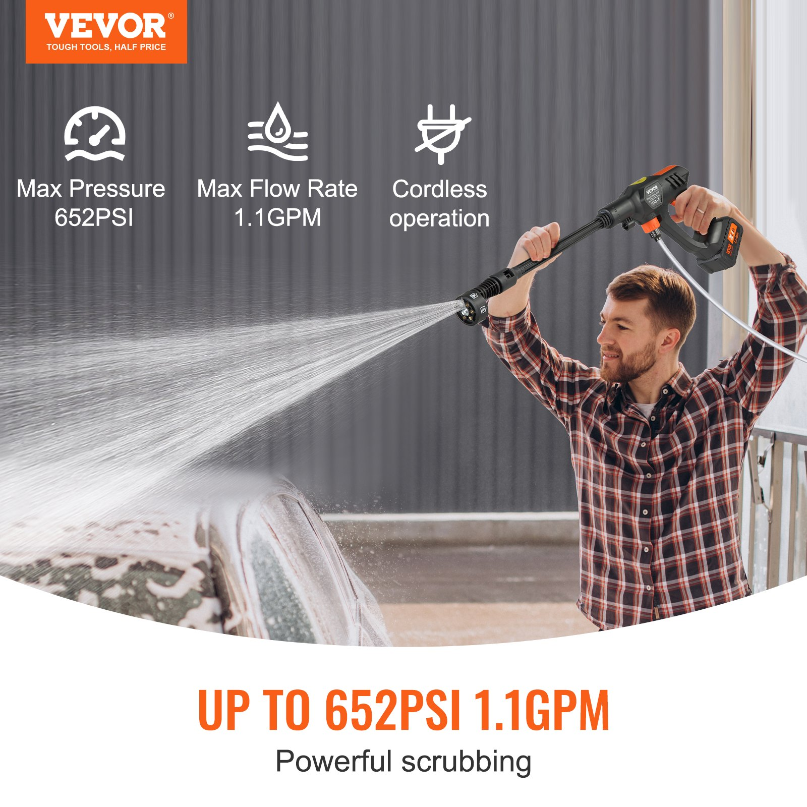 Cordless Pressure Washer 652 PSI 1.1 GPM 4.0Ah Battery 6-in-1 Nozzle