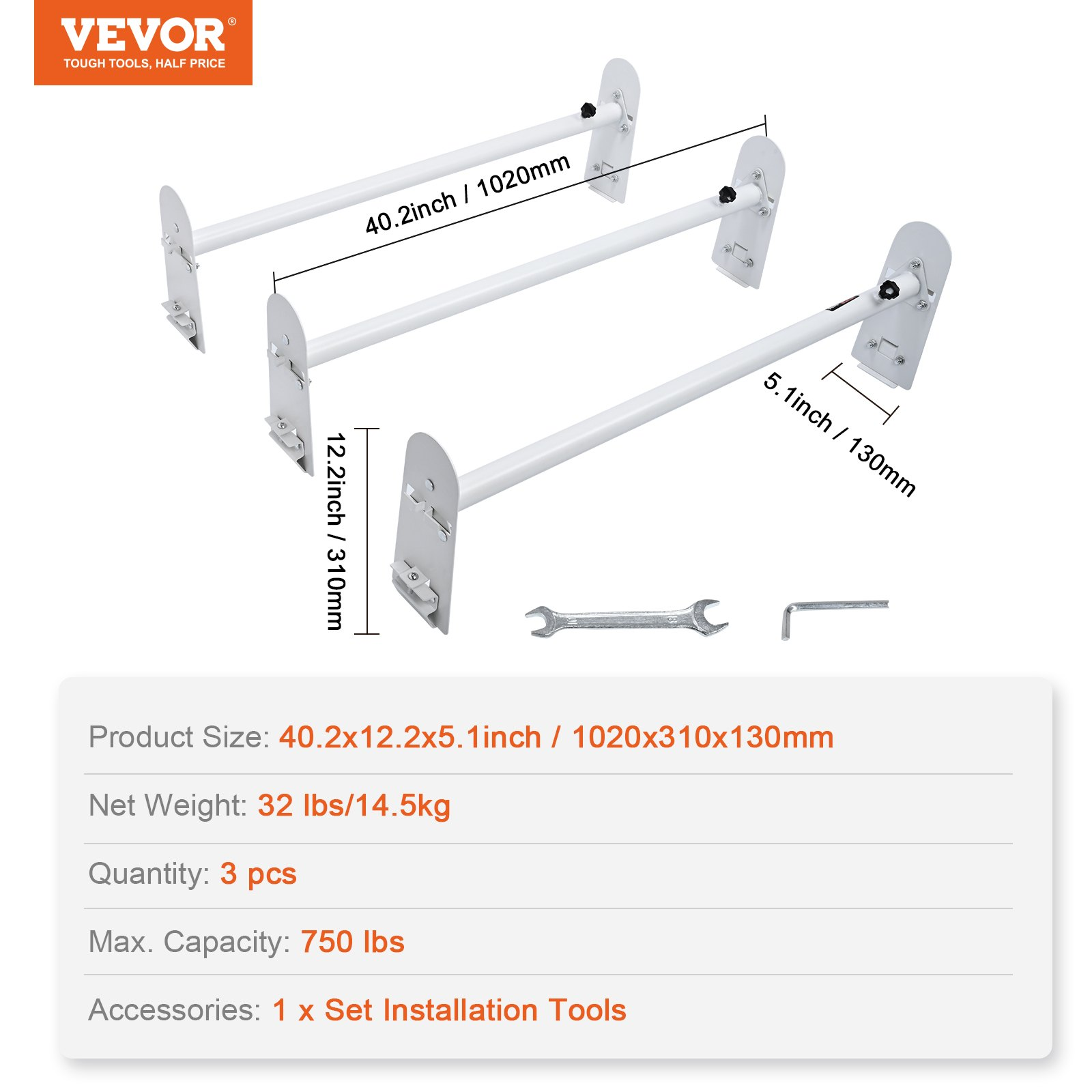 Heavy-Duty Van Roof Ladder Rack - 750 LBS Capacity, Adjustable Length 40.2" to 7