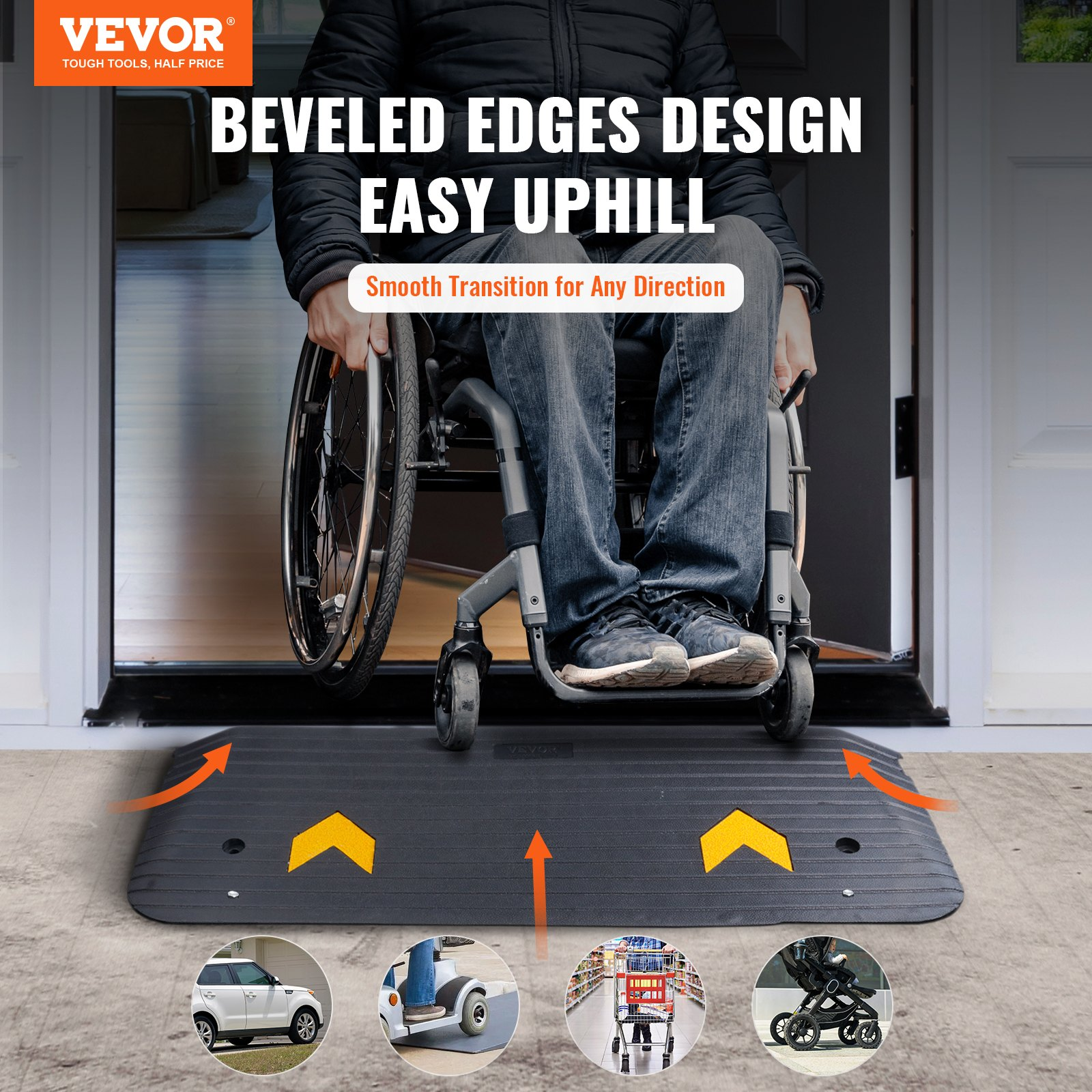 VEVOR Upgraded 1.5-Inch Rubber Threshold Wheelchair Ramp for Doorways  