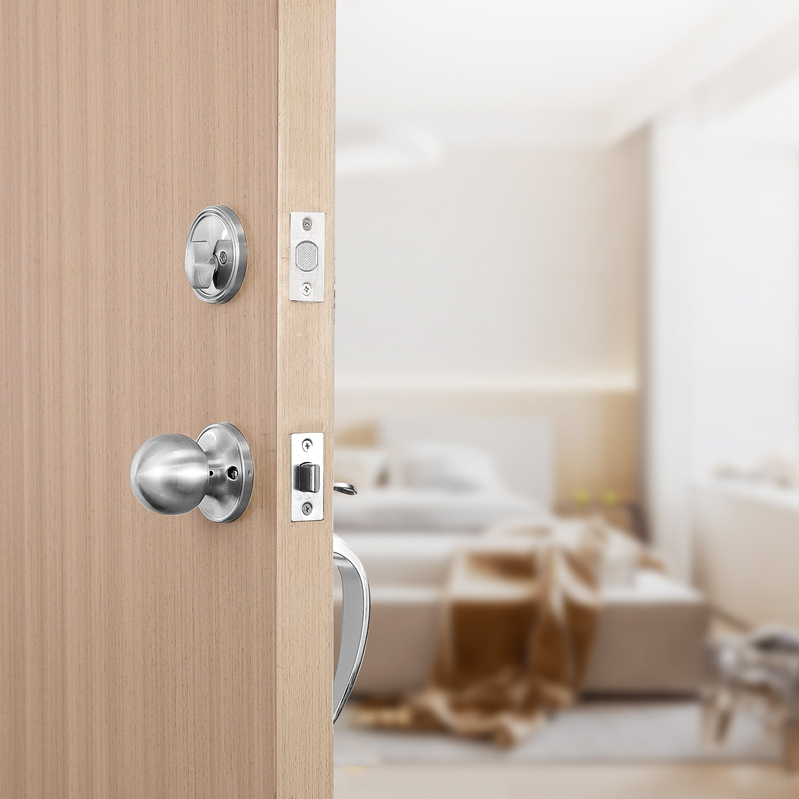 Haustürgriff und Riegel Set, Satin Nickel Haustürschloss Set mit Inter - Bild 7 von 10