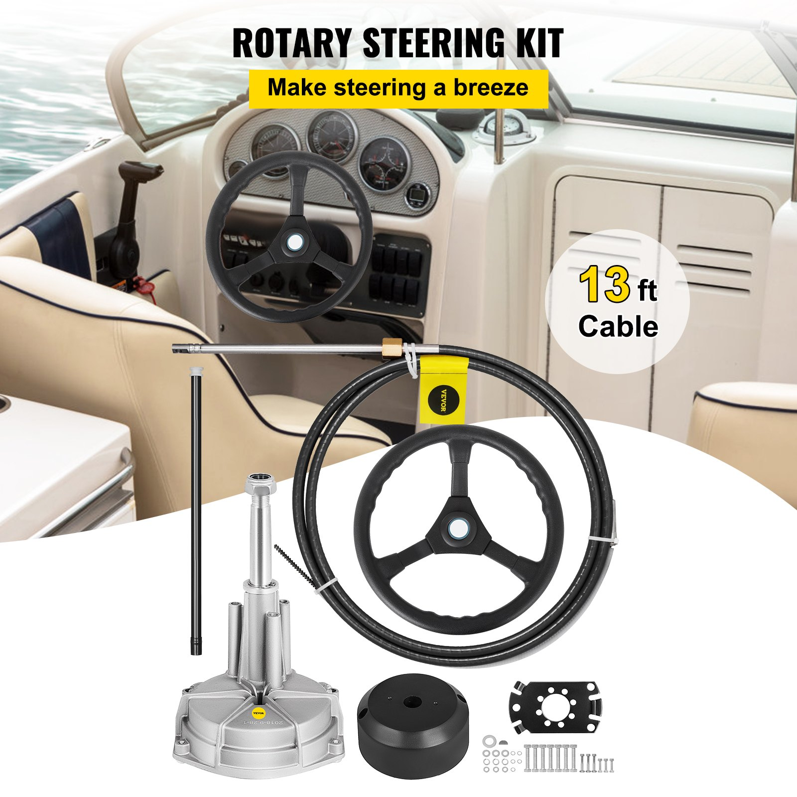 13' Outboard Rotary Steering System with 13" Wheel Durable Marine Steering Cable - Picture 1 of 10