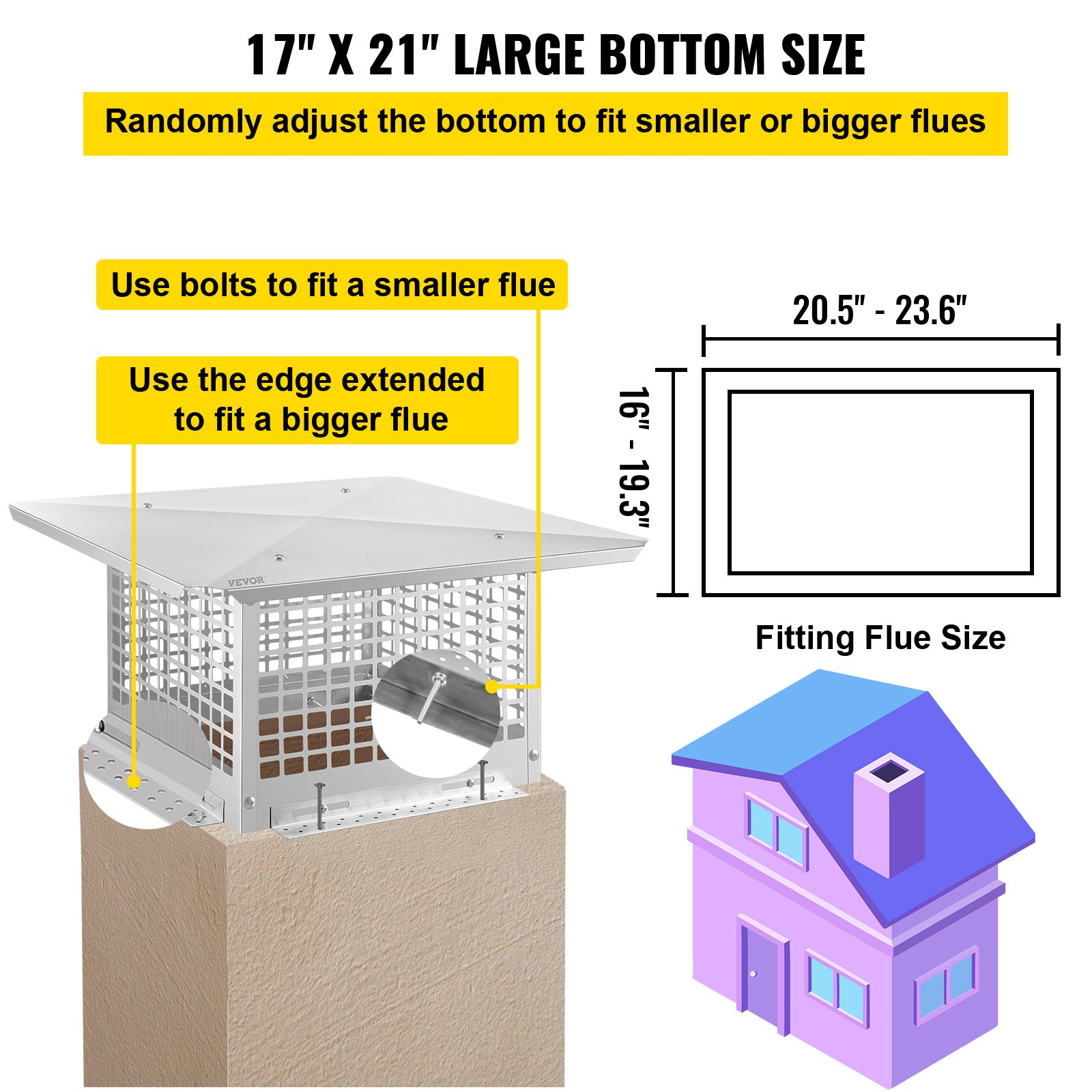 VEVOR Chimney Cap, 17" x 21" Flue Caps, 304 Stainless Steel Fireplace Chimney Co