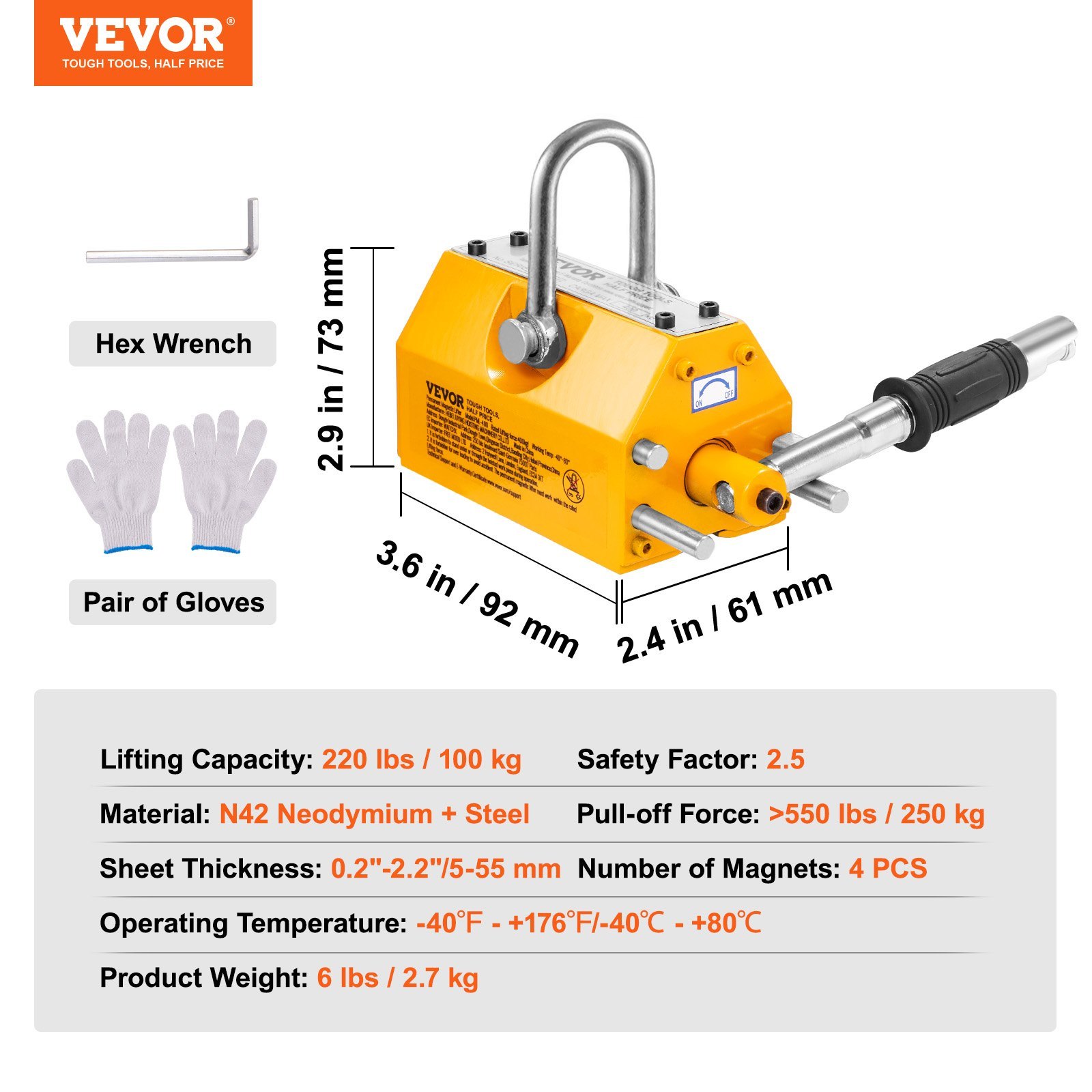 Elevador magnético VEVOR, 220 lbs/100 kg capacidad de tracción, factor de seguridad 2,5, tabla - Imagen 7 de 11