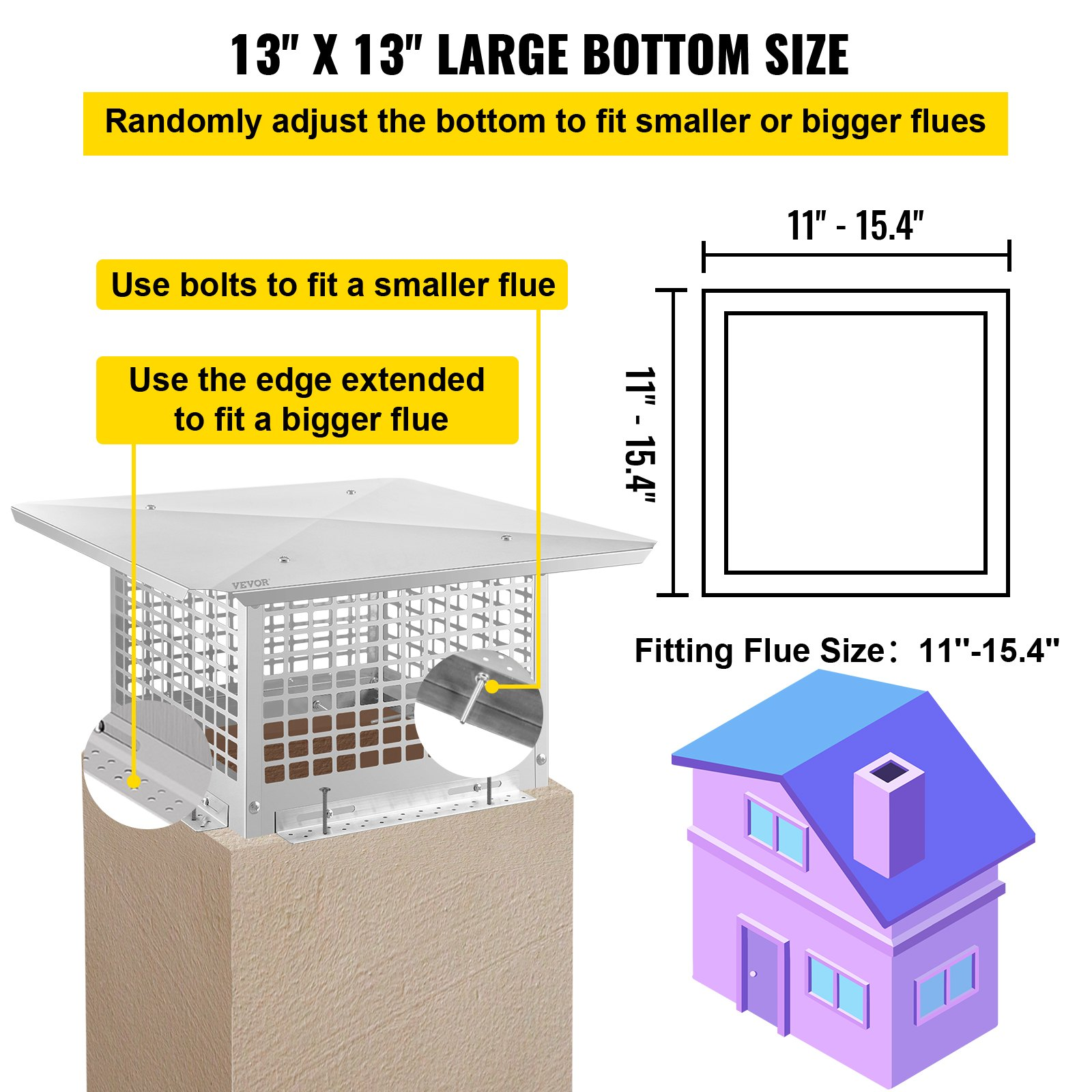 VEVOR Chimney Cap, 13" x 13" Flue Caps, Stainless Steel Fireplace Cover