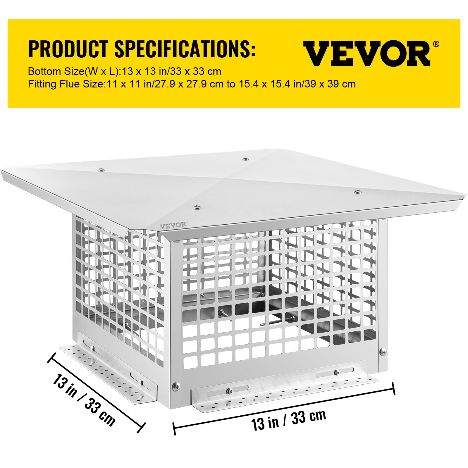 VEVOR Chimney Cap, 13" x 13" Flue Caps, Stainless Steel Fireplace Cover