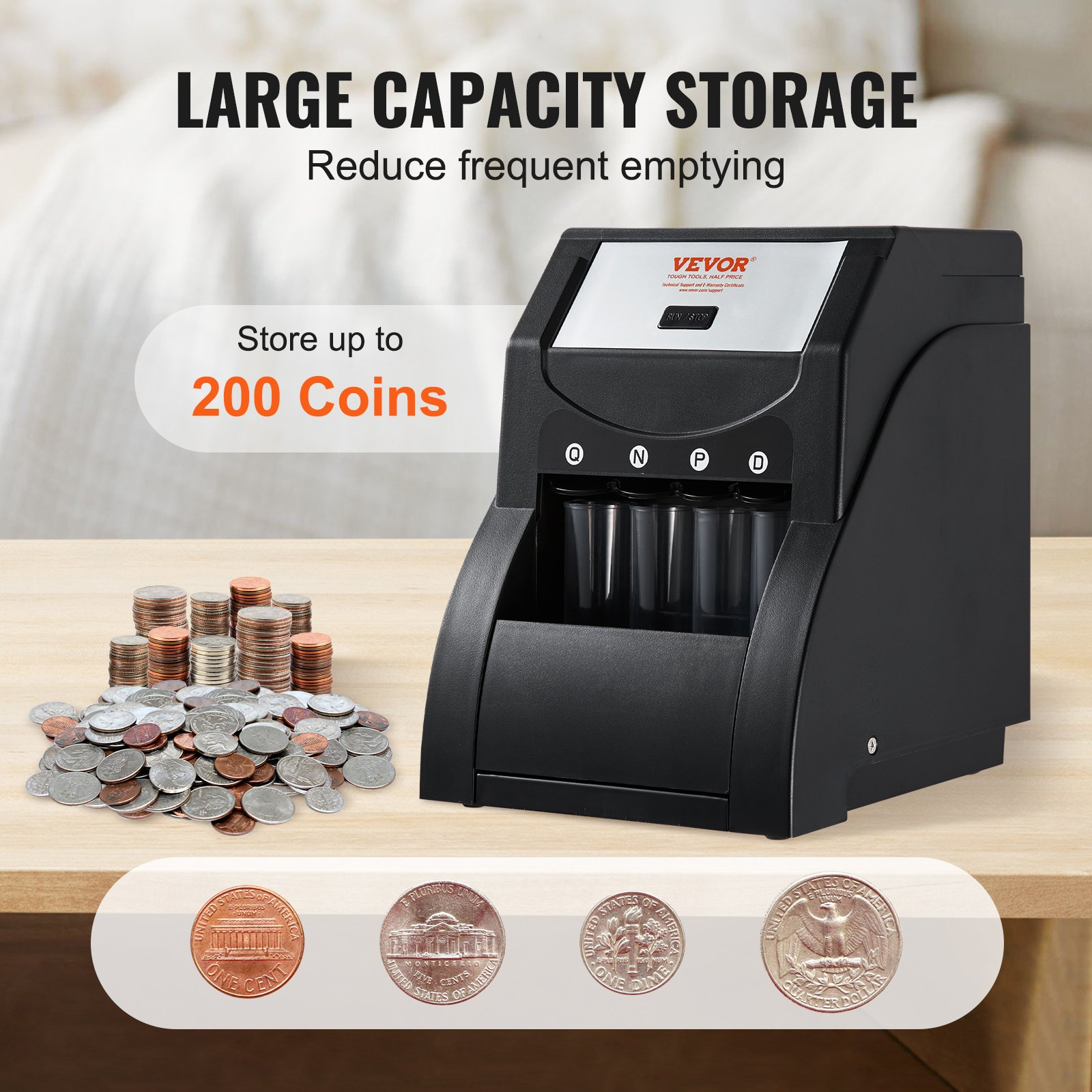 High-Speed USD Coin Sorter Machine - Sorts 230 Coins/Min, Includes 4 Coin Tubes,