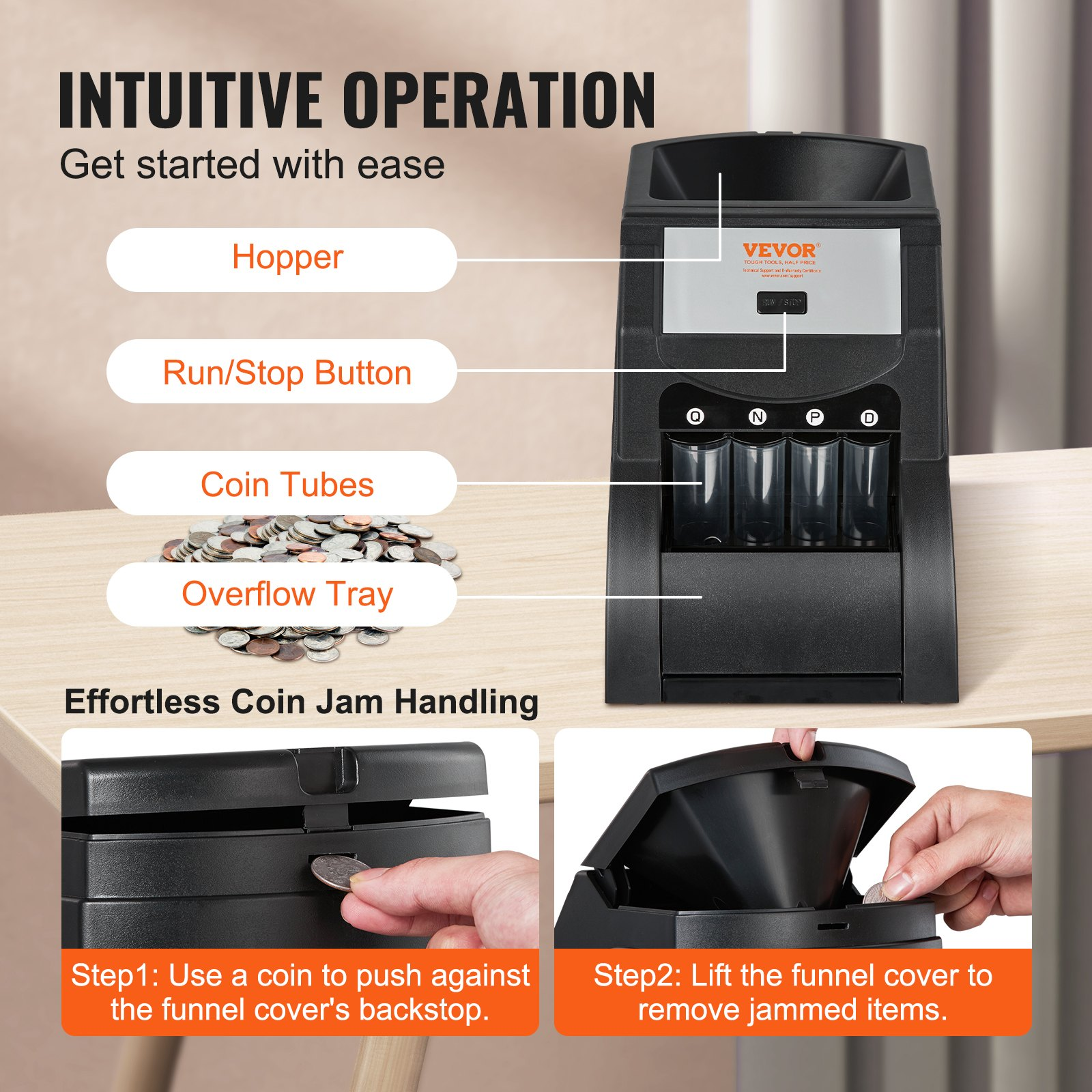 High-Speed USD Coin Sorter Machine - Sorts 230 Coins/Min, Includes 4 Coin Tubes,