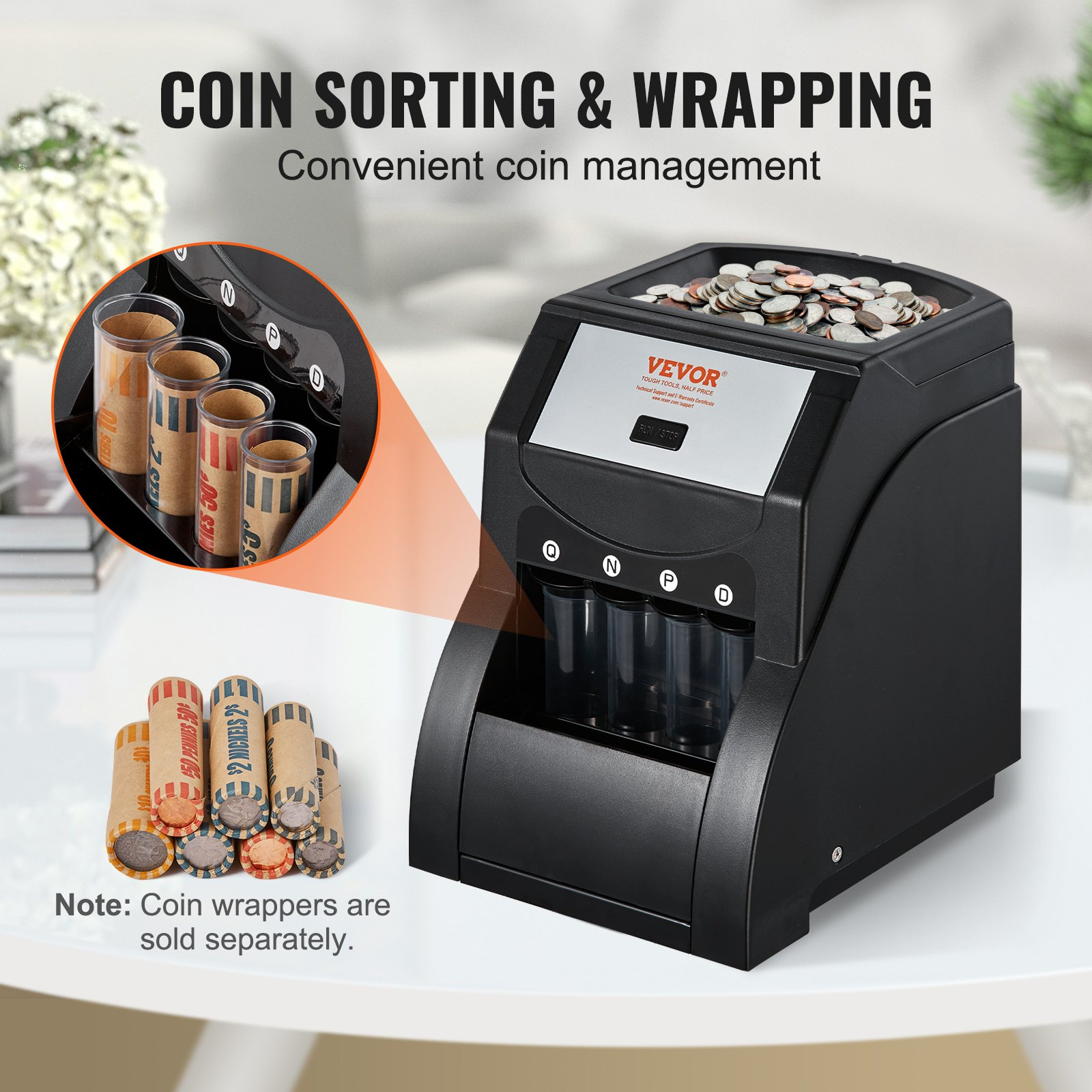 High-Speed USD Coin Sorter Machine - Sorts 230 Coins/Min, Includes 4 Coin Tubes,