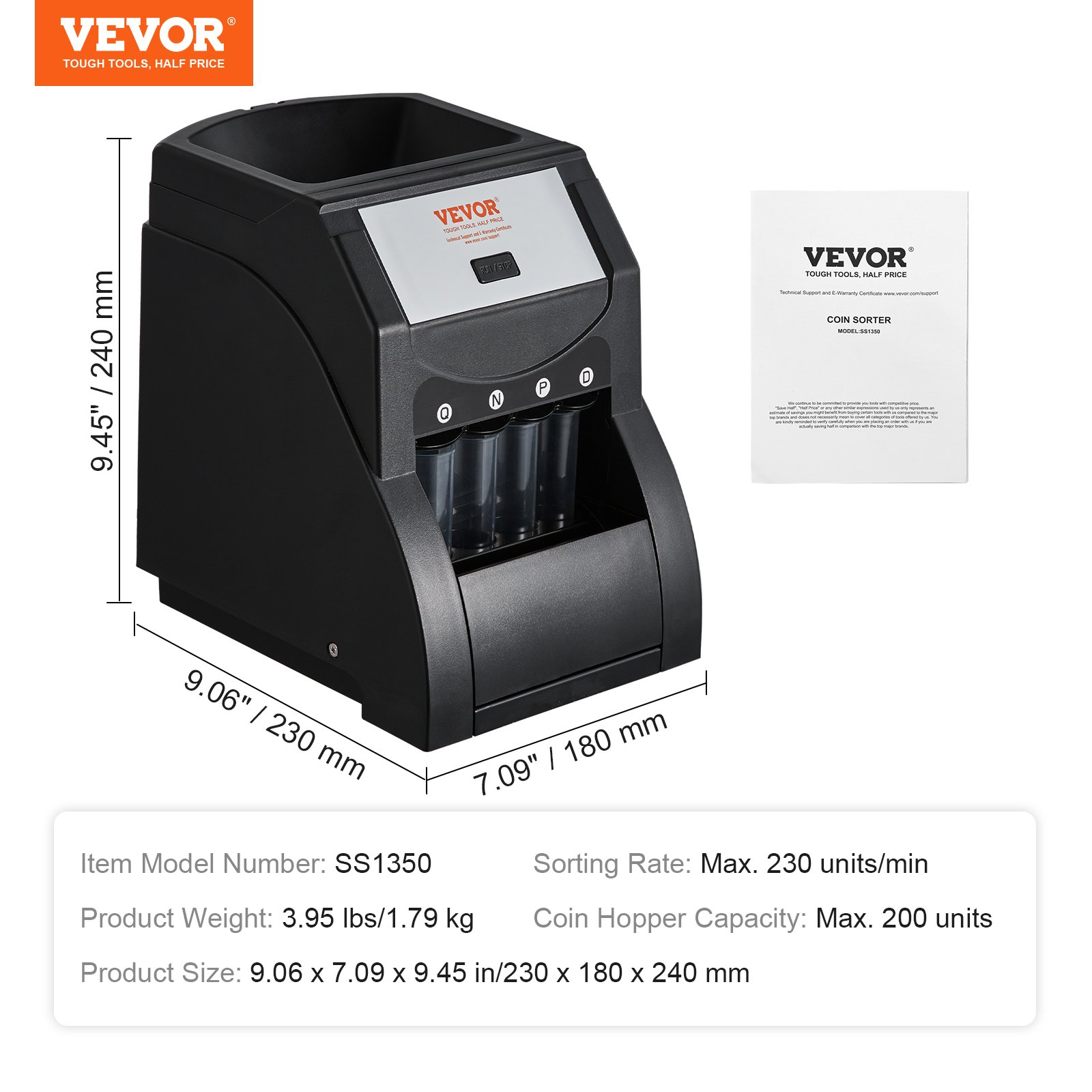 High-Speed USD Coin Sorter Machine - Sorts 230 Coins/Min, Includes 4 Coin Tubes,