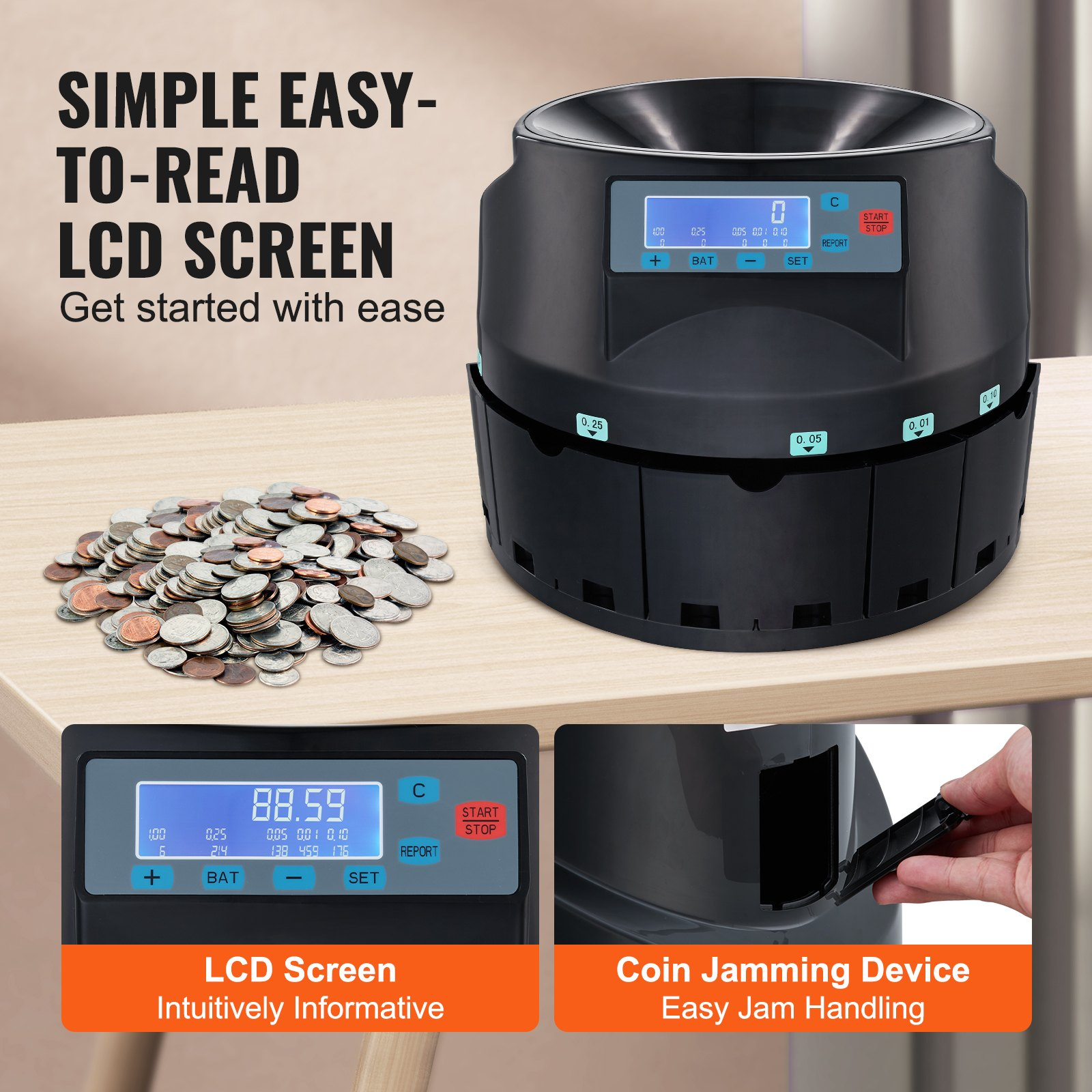 High-Speed USD Coin Sorter, Counter, Wrapper & Roller - 300 Coins/Min with LCD D