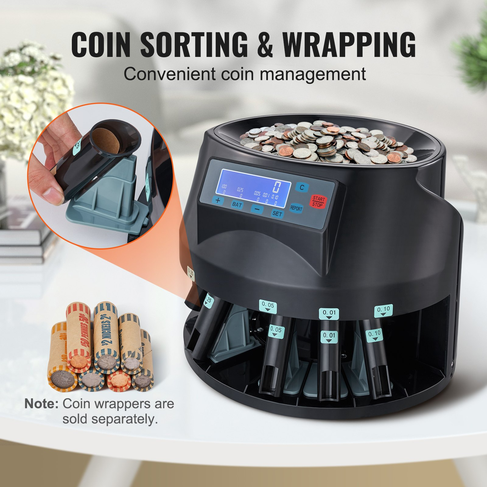 High-Speed USD Coin Sorter, Counter, Wrapper & Roller - 300 Coins/Min with LCD D