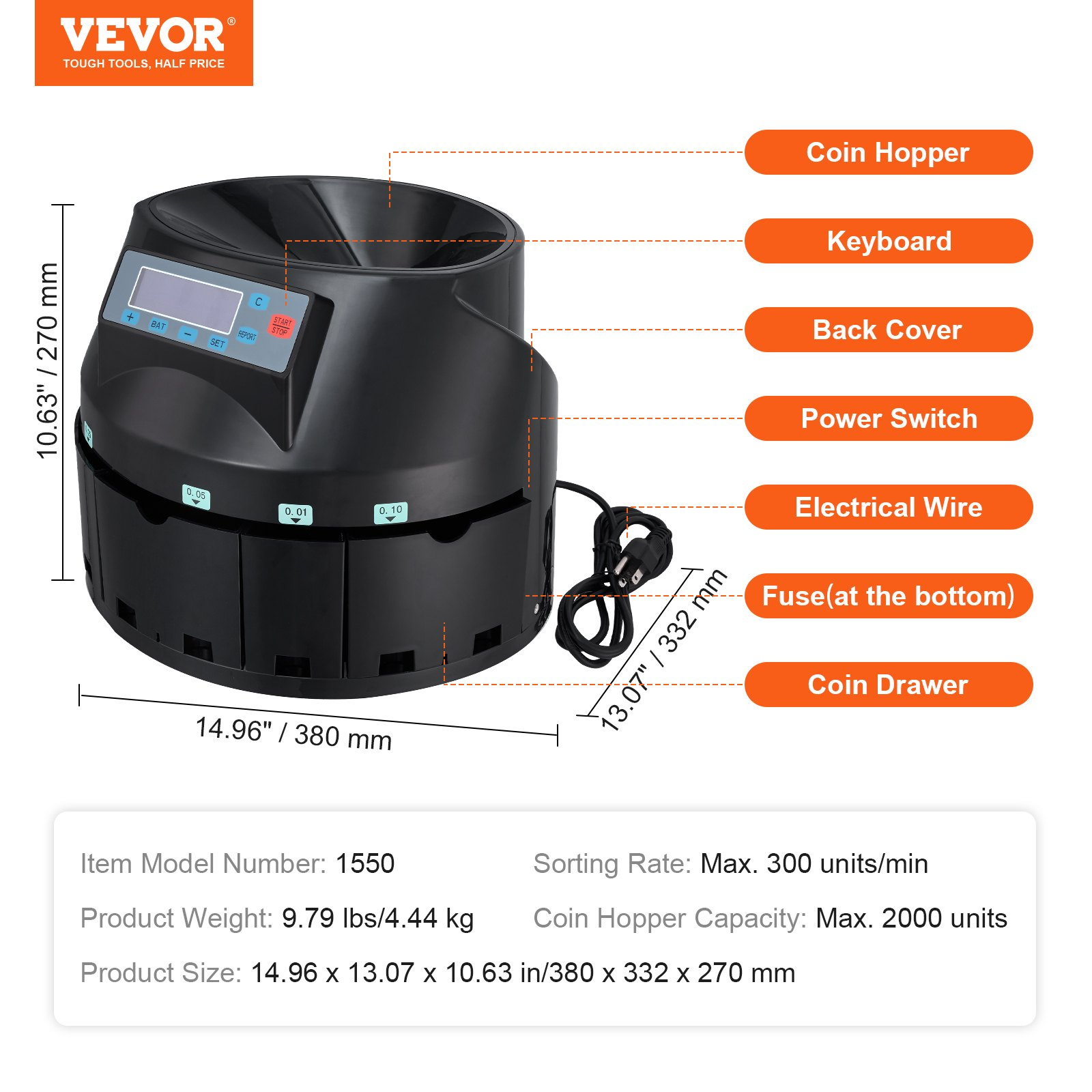 High-Speed USD Coin Sorter, Counter, Wrapper & Roller - 300 Coins/Min with LCD D