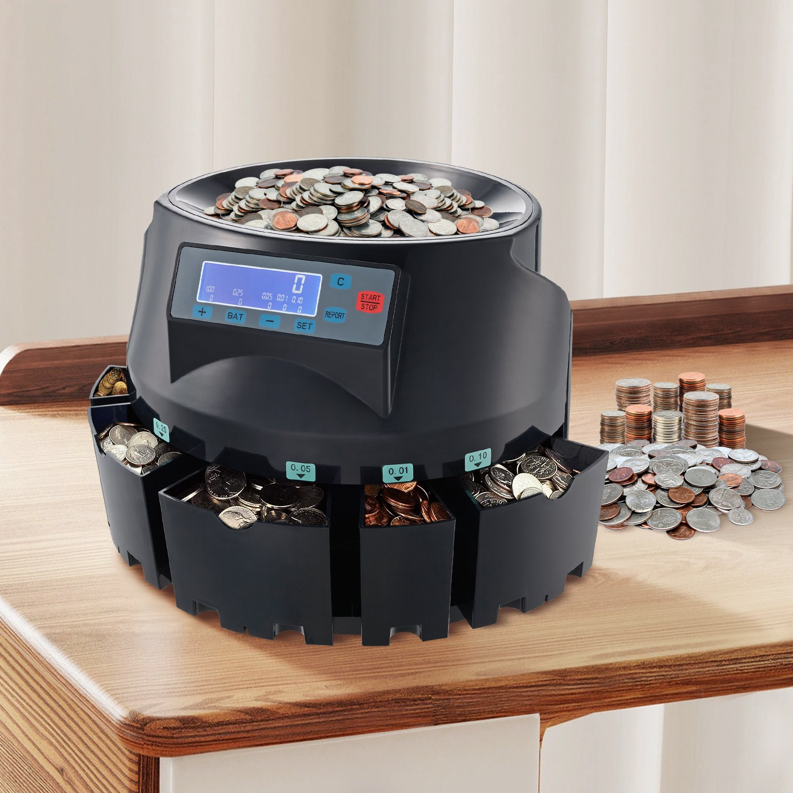 High-Speed USD Coin Sorter, Counter, Wrapper & Roller - 300 Coins/Min with LCD D