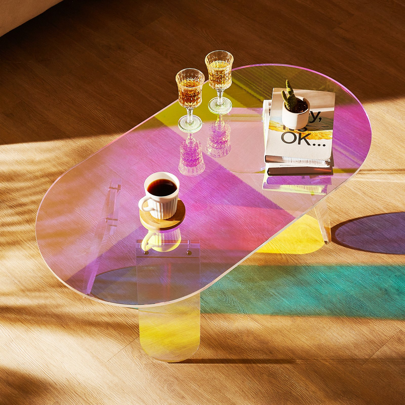 Acrylic Coffee Table, Iridescent Acrylic End Table, 13.8 inch high Colorful Acry