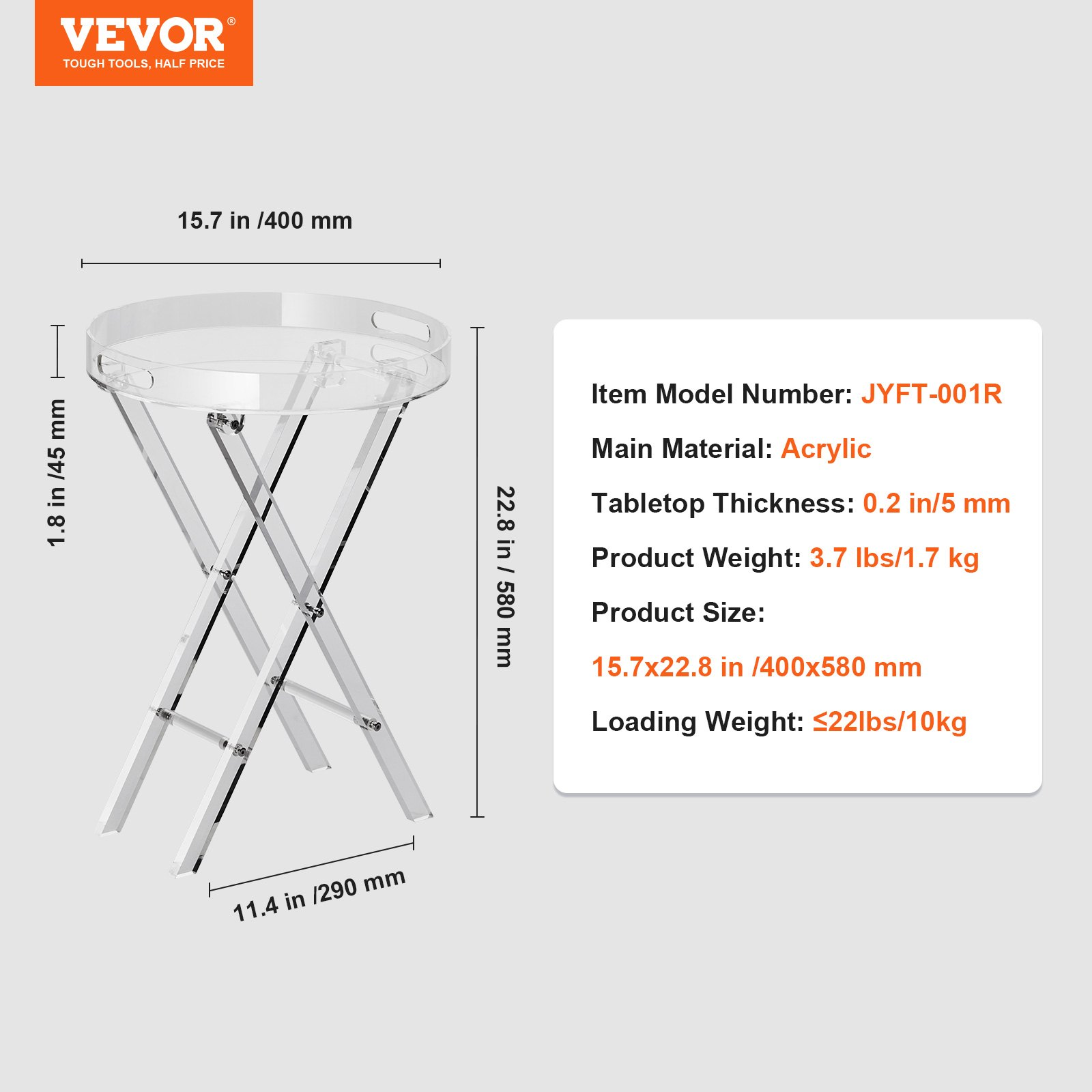 VEVOR Acrylic Folding Tray Table, Acrylic End Table with Folding X Leg, Clear Ac