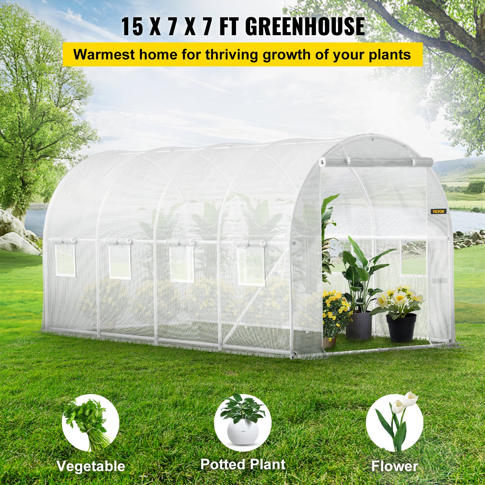 15 x 6.5 x 7 ft Walk-in Tunnel Greenhouse, White