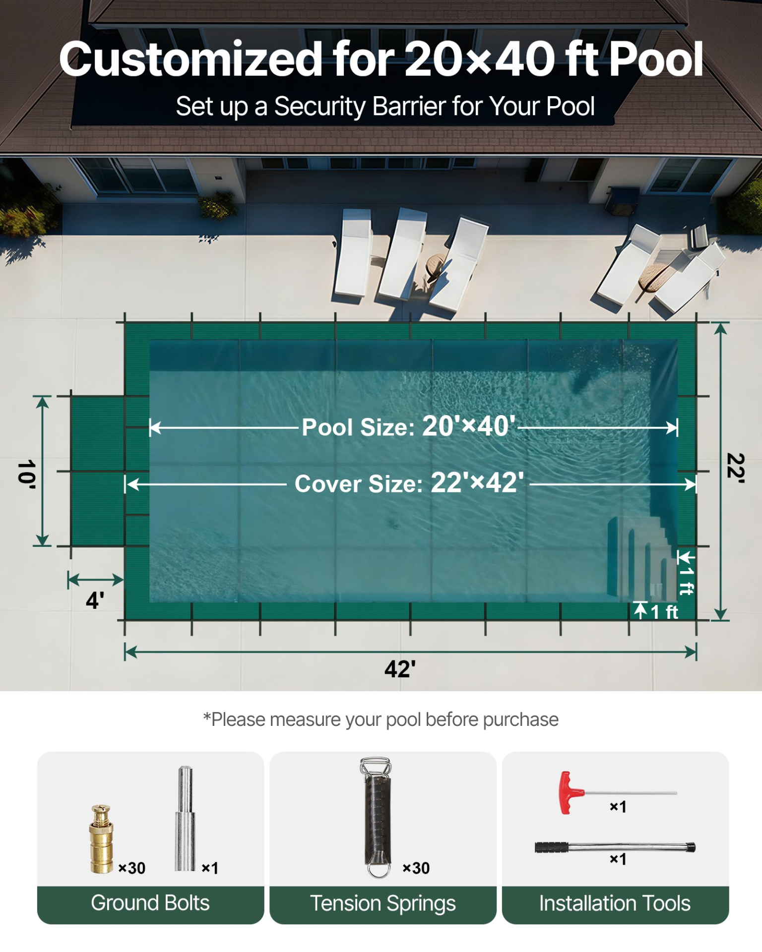 Pool Safety Cover Fits 20x40ft Rectangle Inground Pools, Green