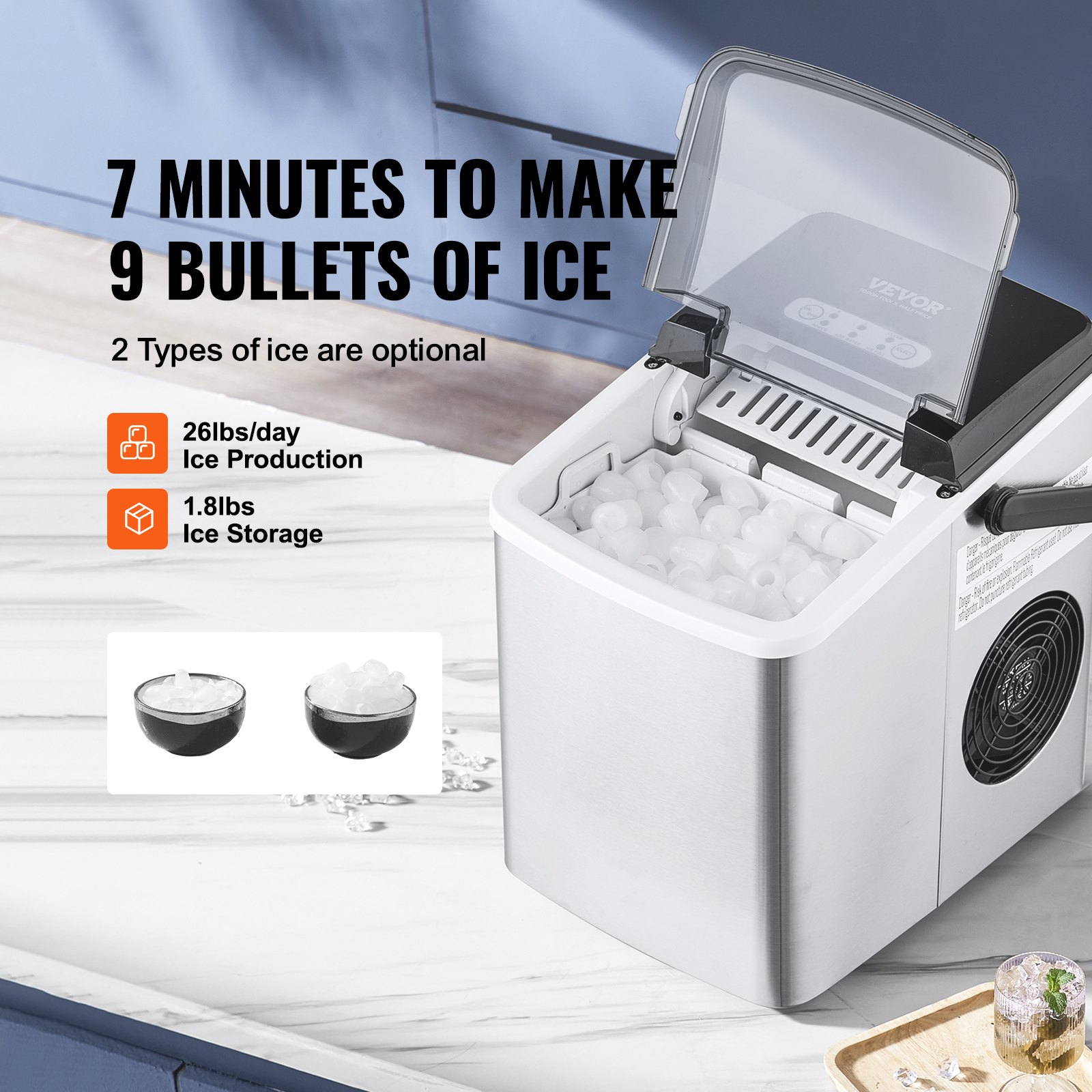 VEVOR Countertop Ice Maker - Quick 7-Min Ice Cubes, 26lbs Daily Production, Self