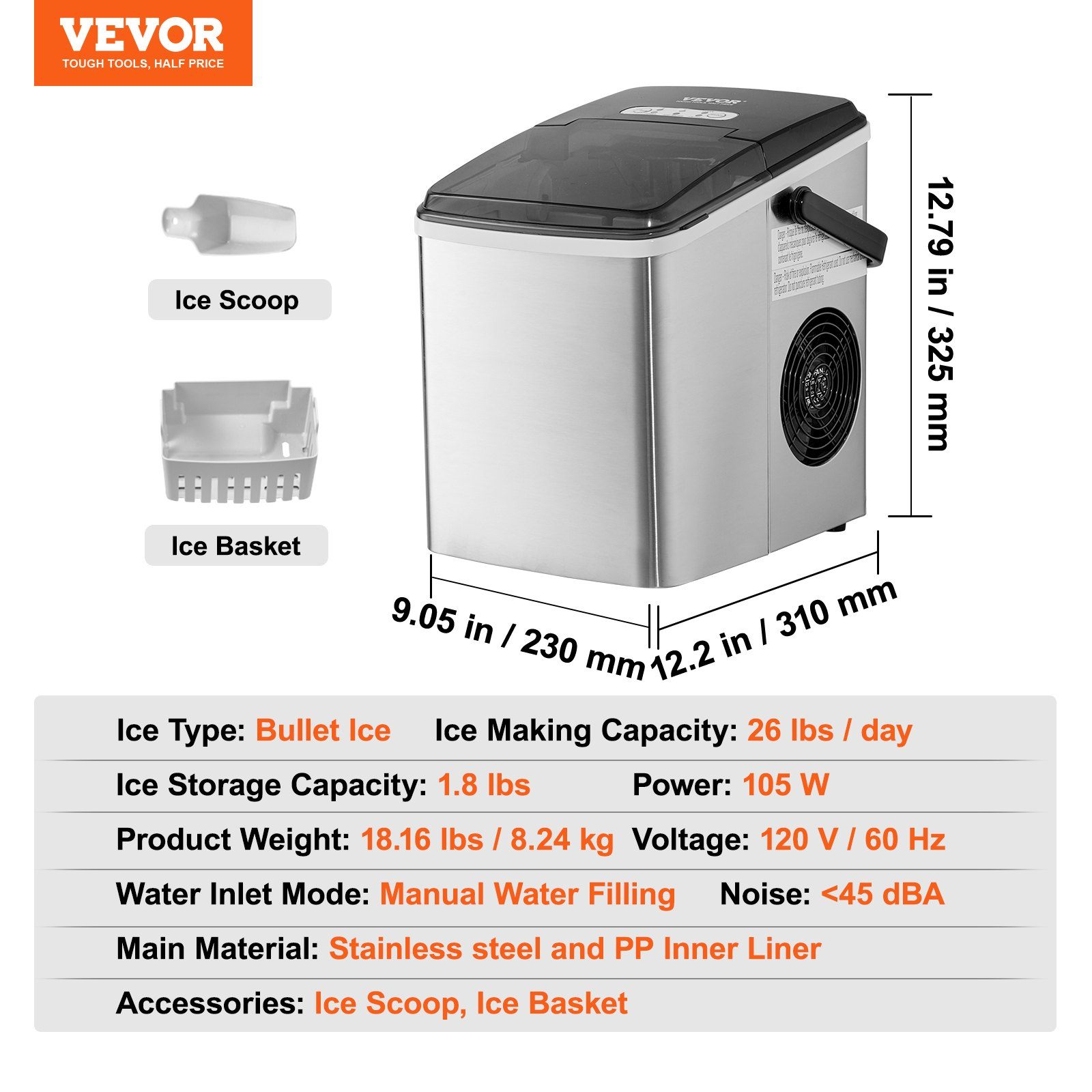 VEVOR Countertop Ice Maker - Quick 7-Min Ice Cubes, 26lbs Daily Production, Self