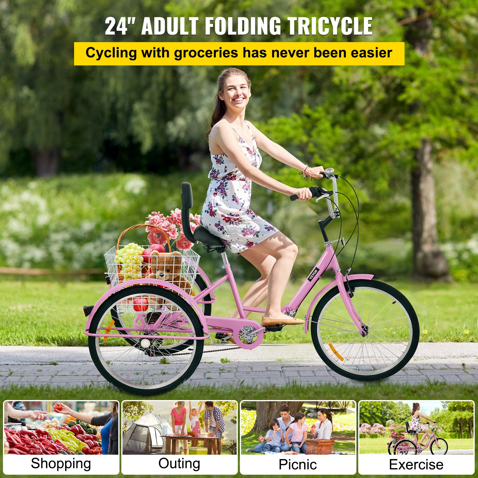 26" Adult Tricycle, 7-Speed 3-Wheel Folding Bike for Adults with Adjustable Seat