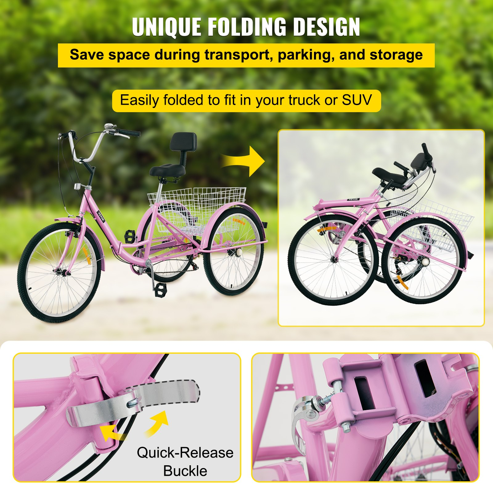 26" Adult Tricycle, 7-Speed 3-Wheel Folding Bike for Adults with Adjustable Seat - Picture 3 of 10
