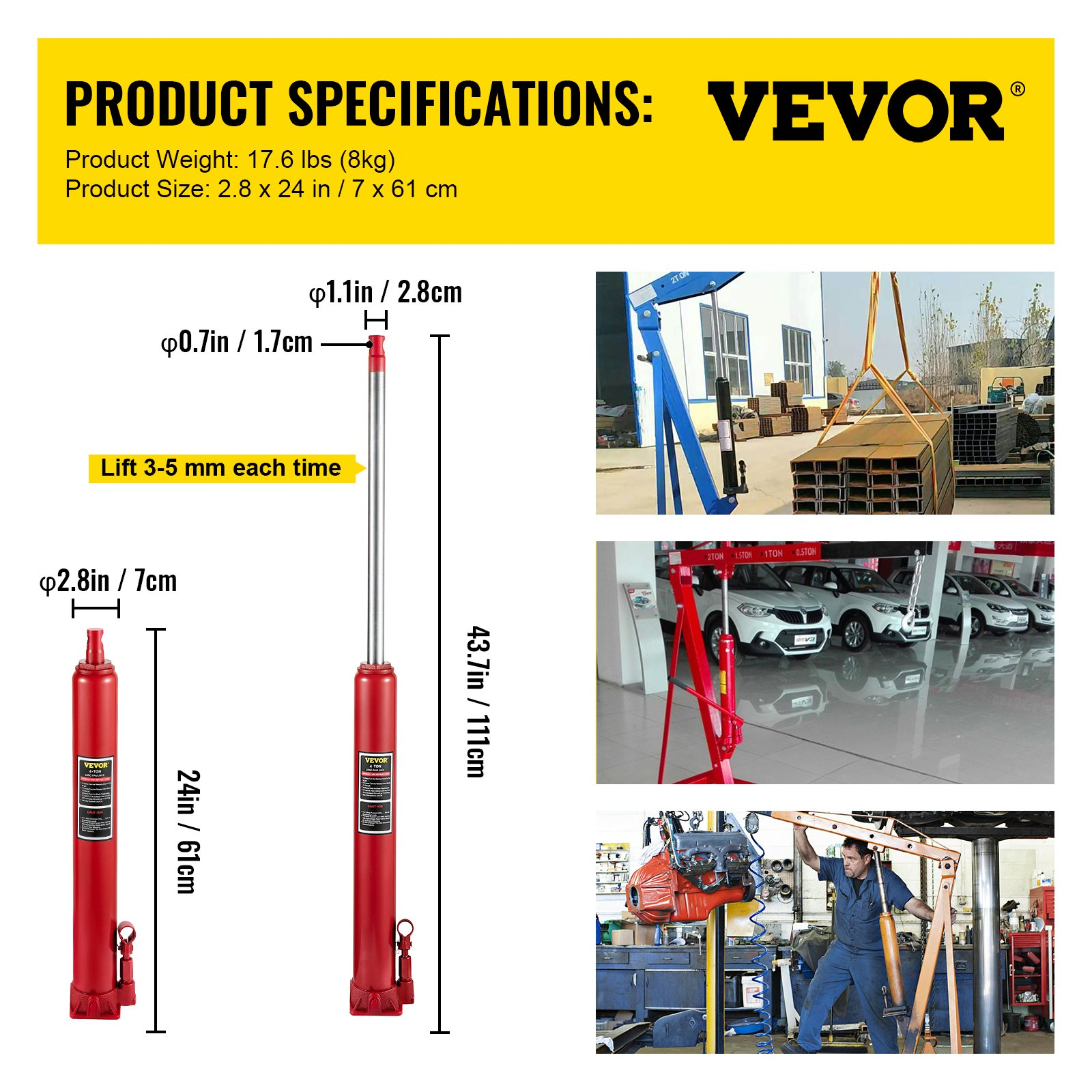 4-Ton Hydraulic Long Ram Jack 8818 lbs Engine Lift Hoist Garage Shop Crane