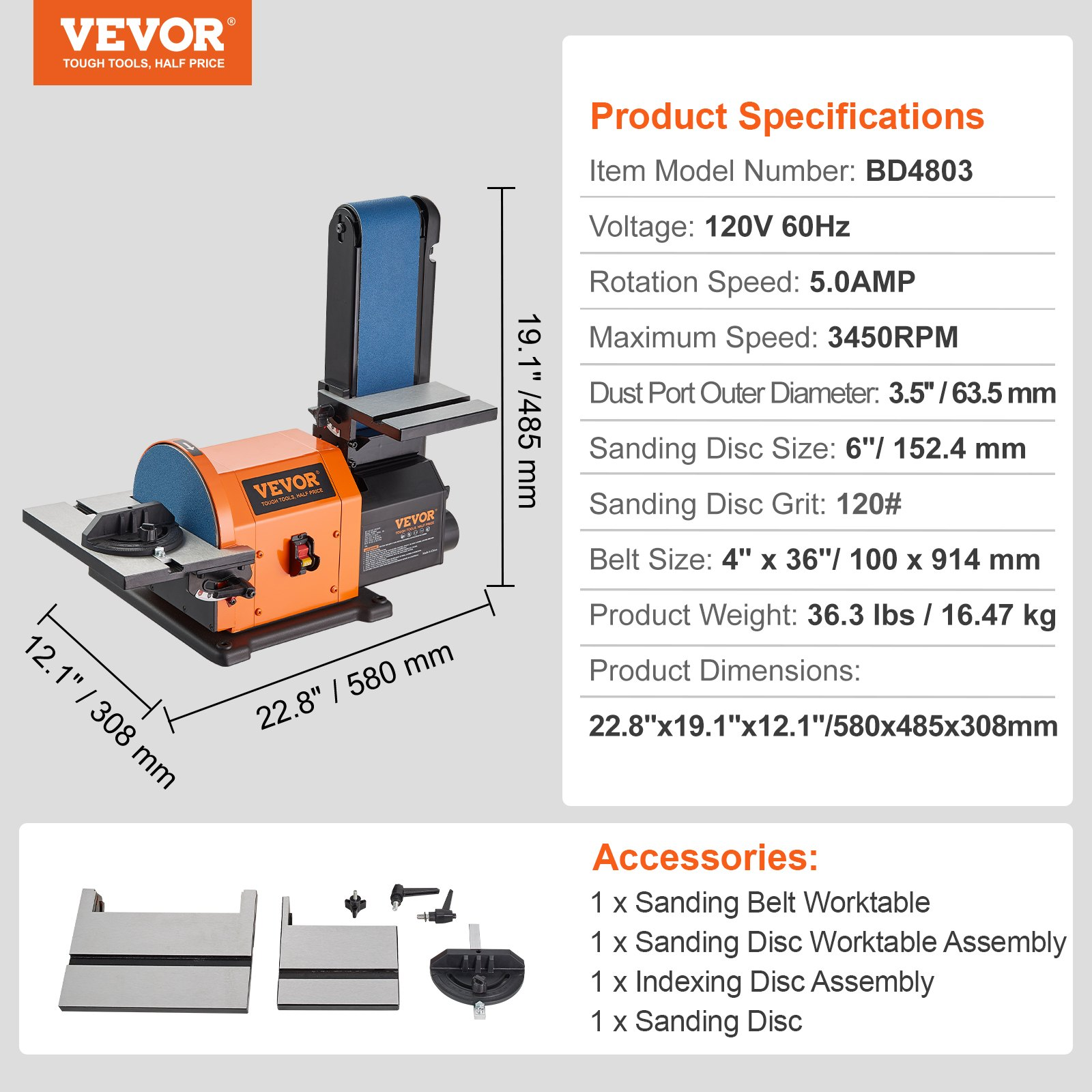 VEVOR Professional Belt Sander, 6" Disc Sander and 4 x 36 in. Belt Sander with 5