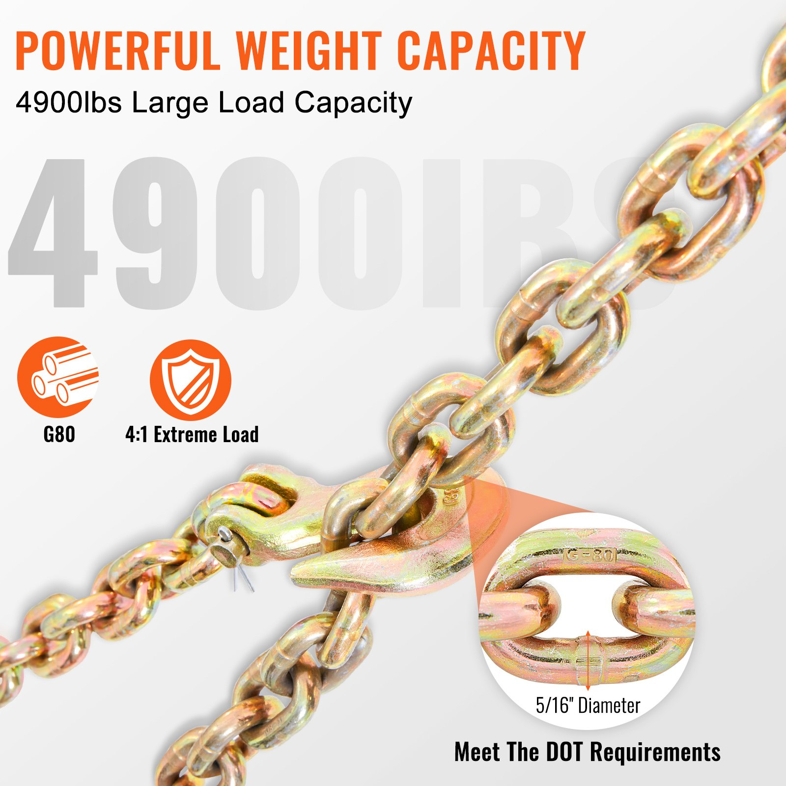 Heavy-Duty Transport Binder Chain - 4900 lbs WLL, 5/16'' x 20' G80 Tow Chain wit