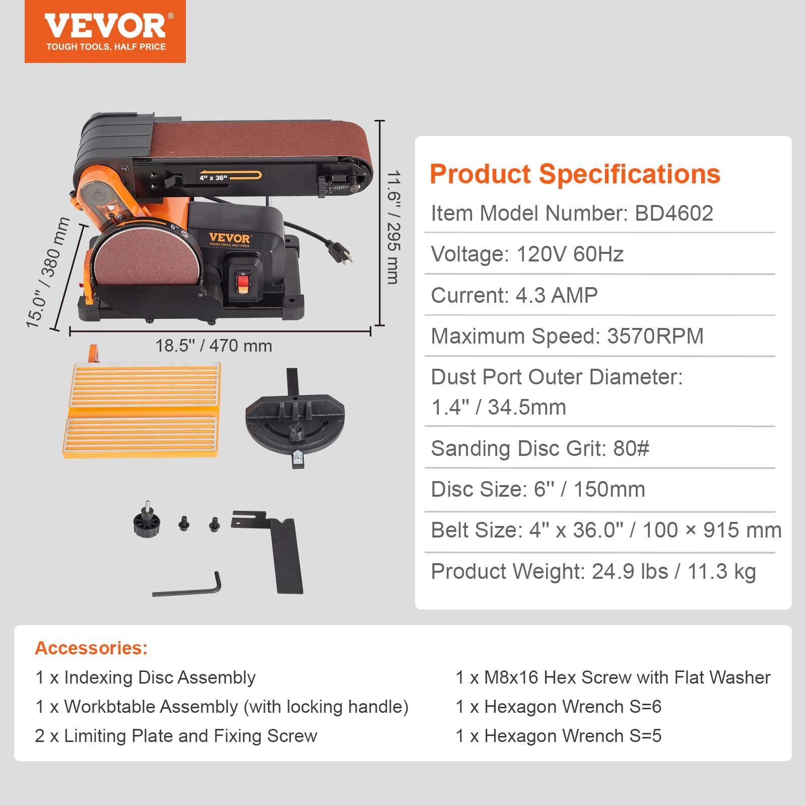 Belt Disc Sander Combo, 6" Disc Sander and 4"x36" Belt Sander with 4.3A Inductio