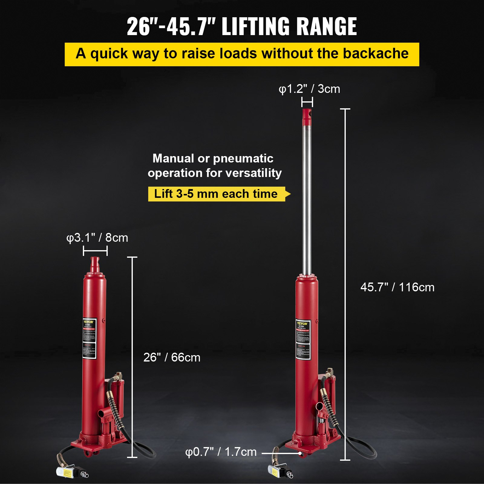 Hydraulic/Pneumatic Long Ram Jack, 8 Tons/17363 lbs Capacity, Red