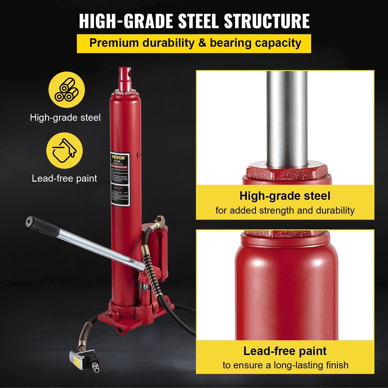 Hydraulic/Pneumatic Long Ram Jack, 8 Tons/17363 lbs Capacity, Red