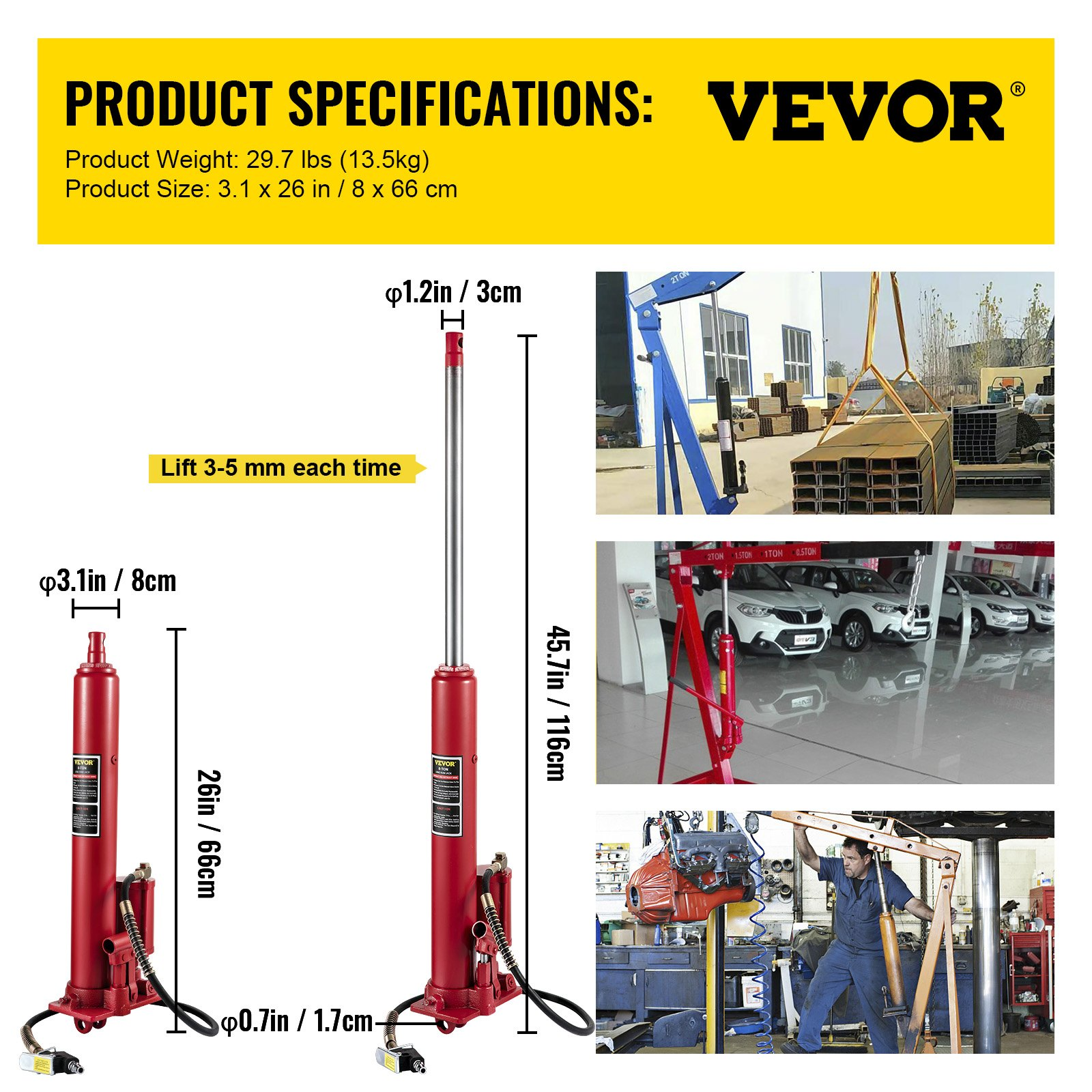 Hydraulic/Pneumatic Long Ram Jack, 8 Tons/17363 lbs Capacity, Red