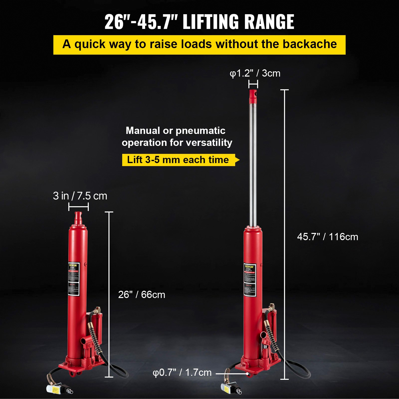Hydraulic/Pneumatic Long Ram Jack, 8 Tons/17363 lbs Capacity, Red