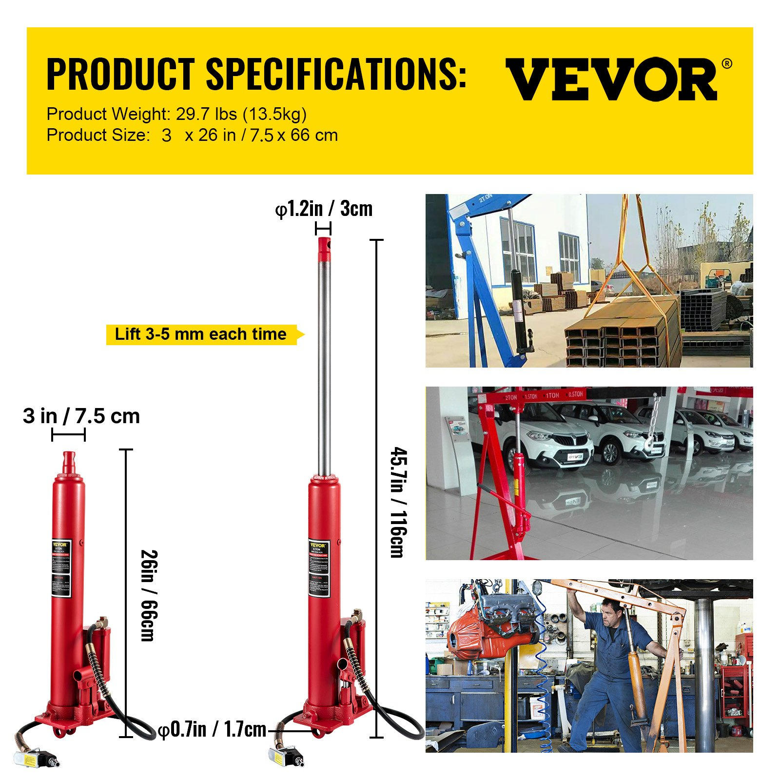 Hydraulic/Pneumatic Long Ram Jack, 8 Tons/17363 lbs Capacity, Red