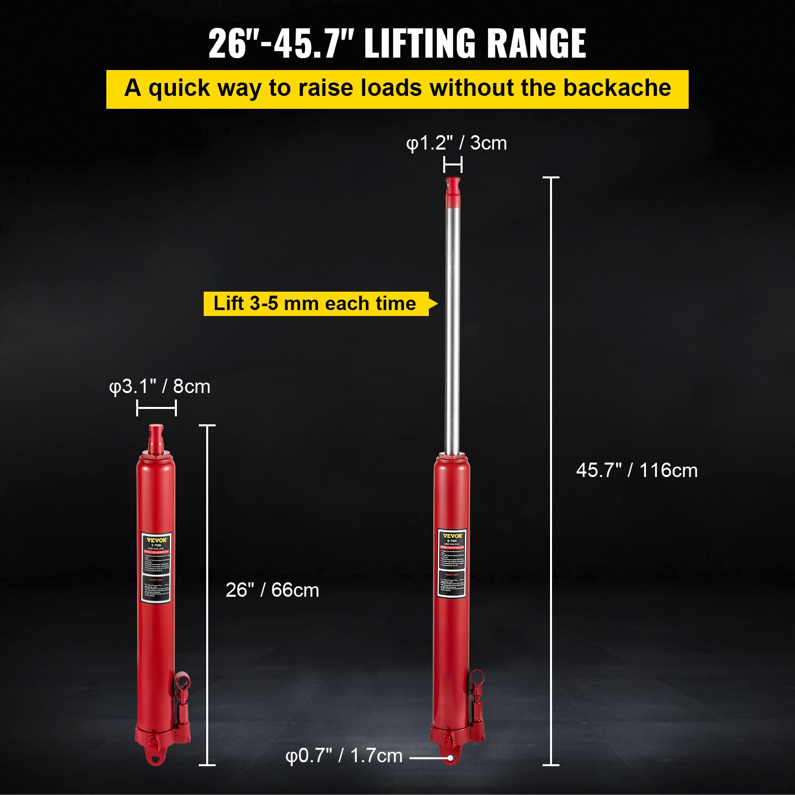 Hydraulic Long Ram Jack, 8 Tons/17363 lbs Capacity, Red