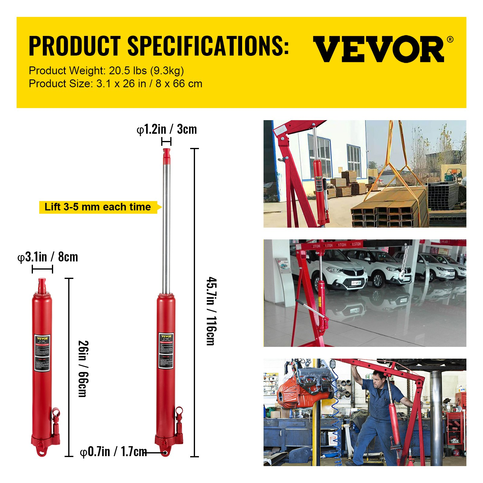 Hydraulic Long Ram Jack, 8 Tons/17363 lbs Capacity, Red